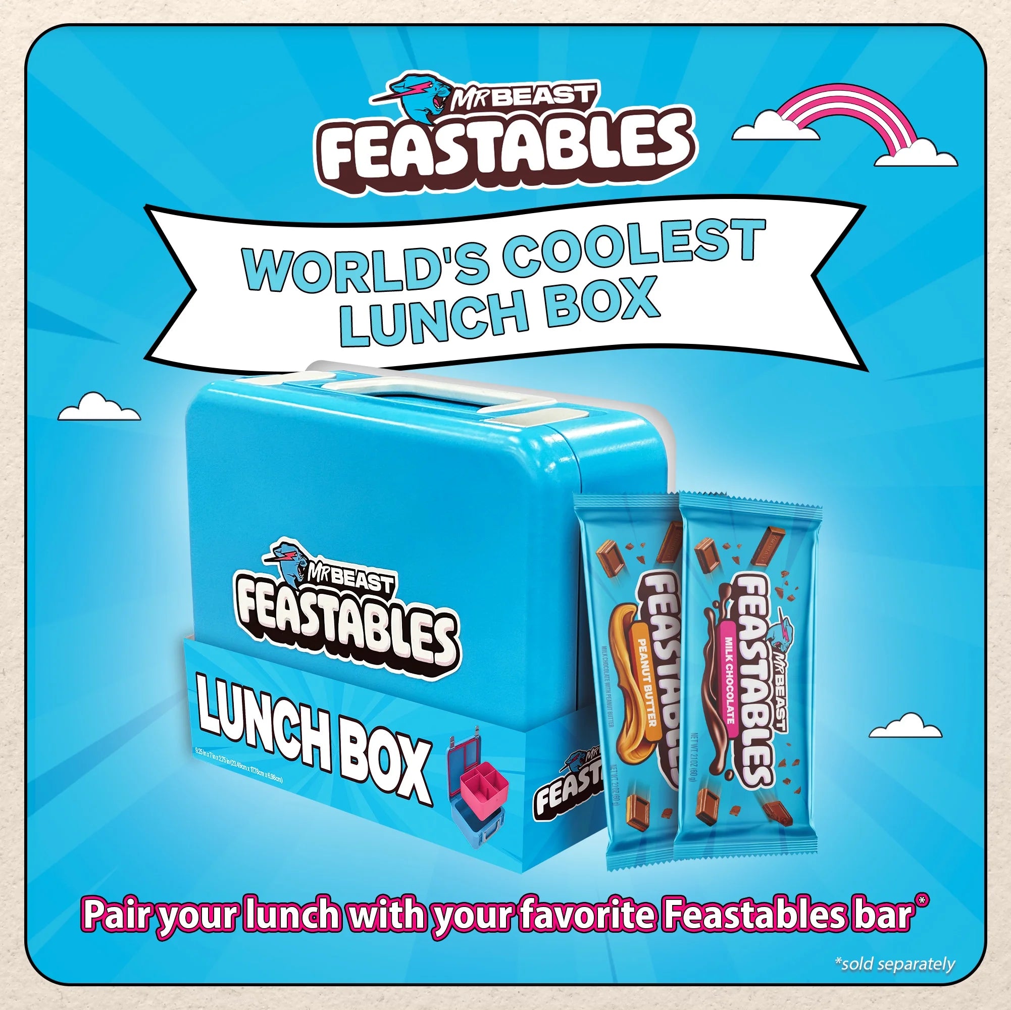 Mrbeast Feastables World'S Coolest Collectible Lunch Box, Bpa-Free, Blue/Pink