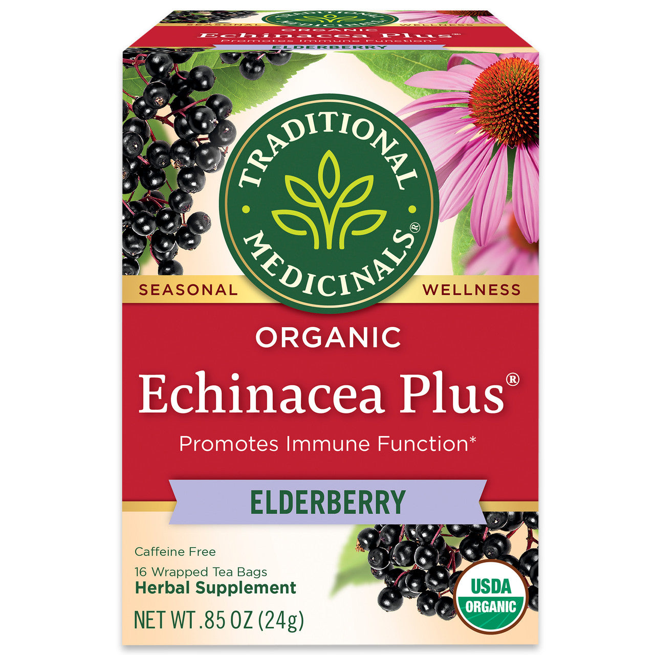 Traditional Medicinals Organic Echinacea Elder Tea – Herbal Immune Support with Elderberry (6x16 Bags)