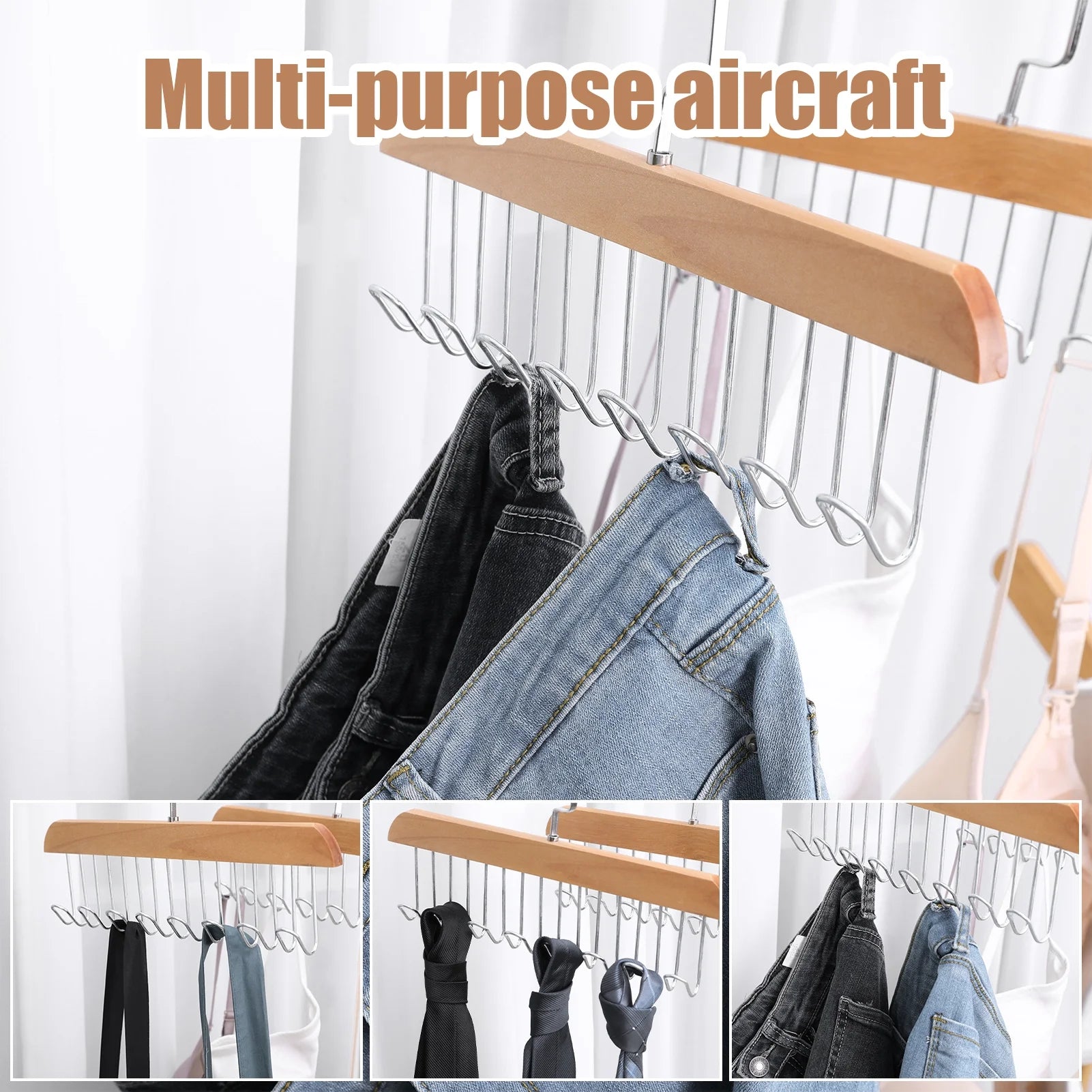 Topekada 3 Pack Belt and Bra Hangers with Hooks,Space Saving Bra Hangers for Closet and Laundry,360 Degree Rotating Wooden Tie Hanger with 8 Hooks for Tank Top,Jeans,Scarf(Nature)