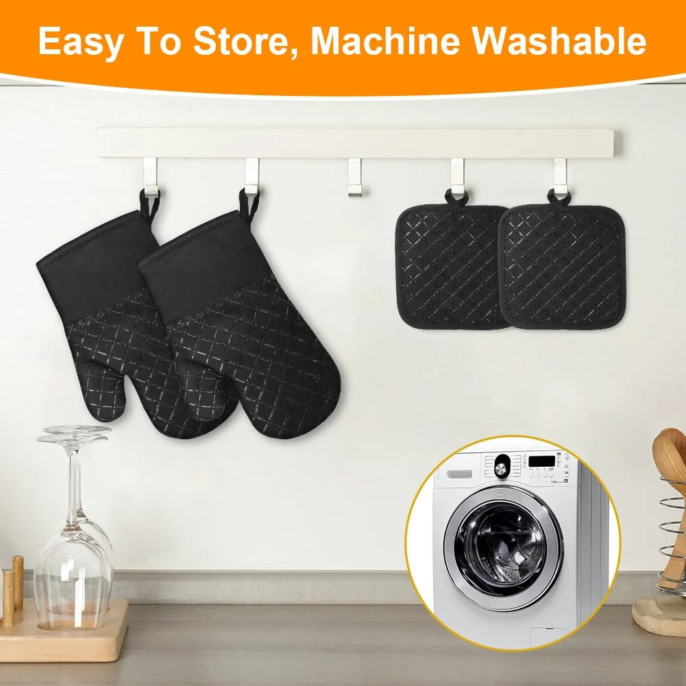 ZOUYUE Silicone Pot Holders and Oven Mitts Sets Kitchen Gloves Heat-Resistant Non-Slip for Baking Cooking Black 4 Pieces