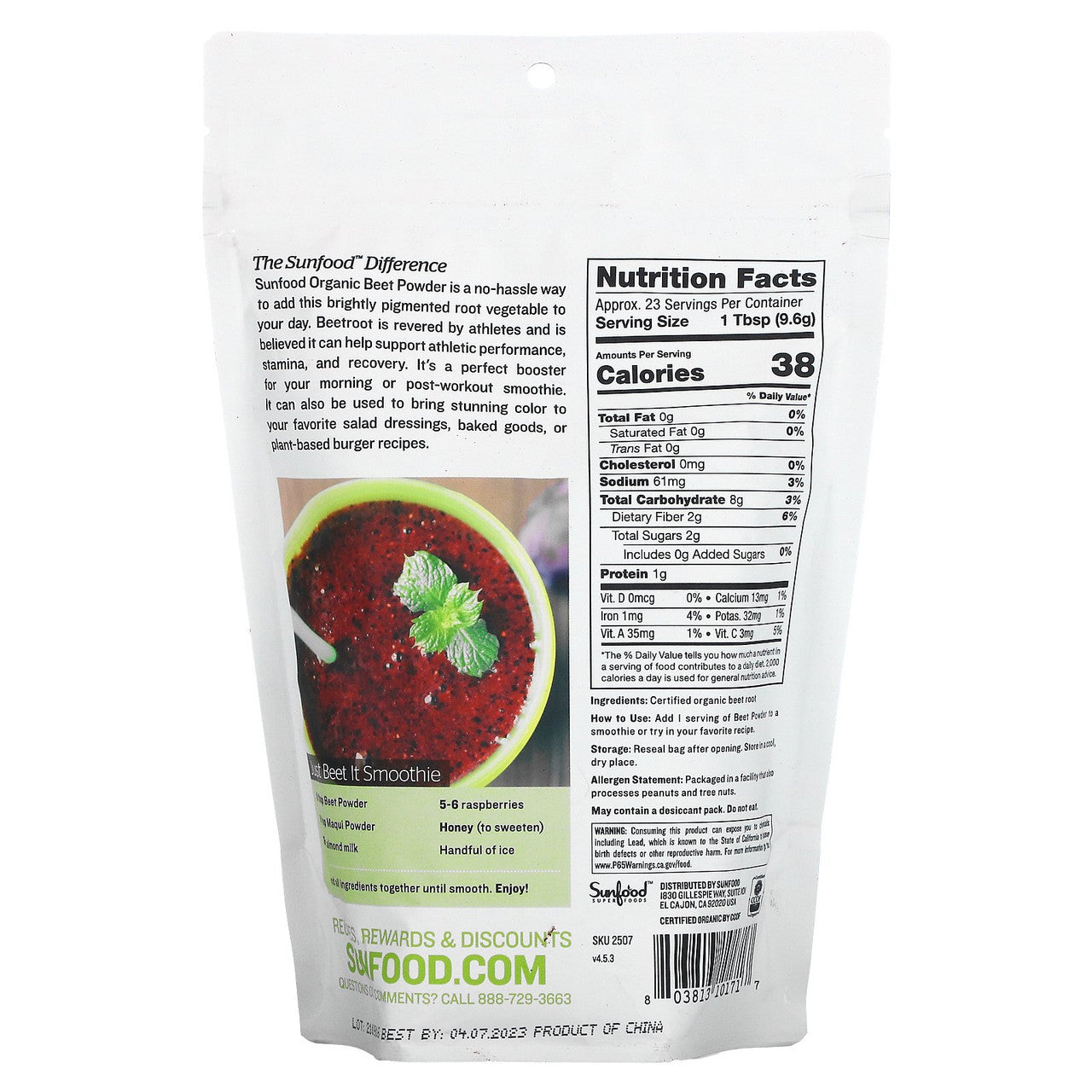 Sunfood Organic Beet Powder (8 oz) – Natural Superfood for Energy, Stamina & Heart Health