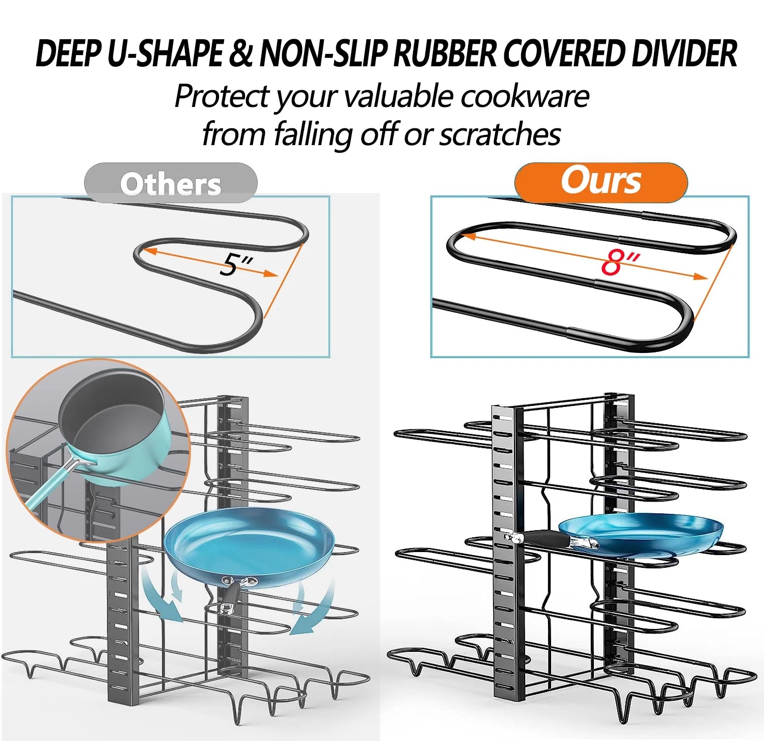 PHANCIR Pots and Pans Organizer Rack, 3 DIY Methods Adjustable 8-Tier Pot and Pan Rack, Metal Heavy Duty Organizer with Anti-Slip Silicone Pad for Cabinet Kitchen Organization Storage