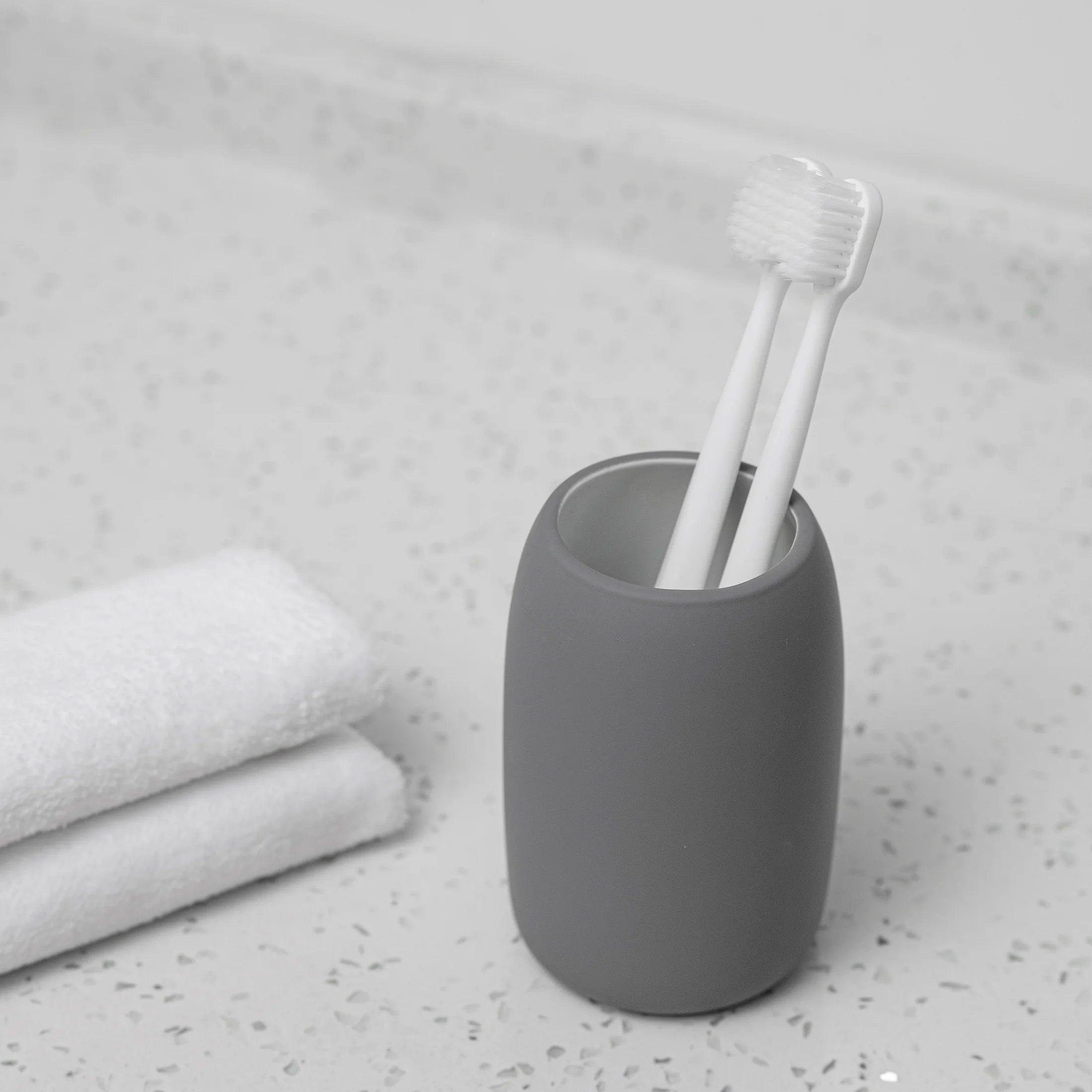 Mainstays Ceramic Stoneware Bath Accessories 3-Piece Set, Grey – Soap Pump Dispenser, Tumbler, and Accessory Tray