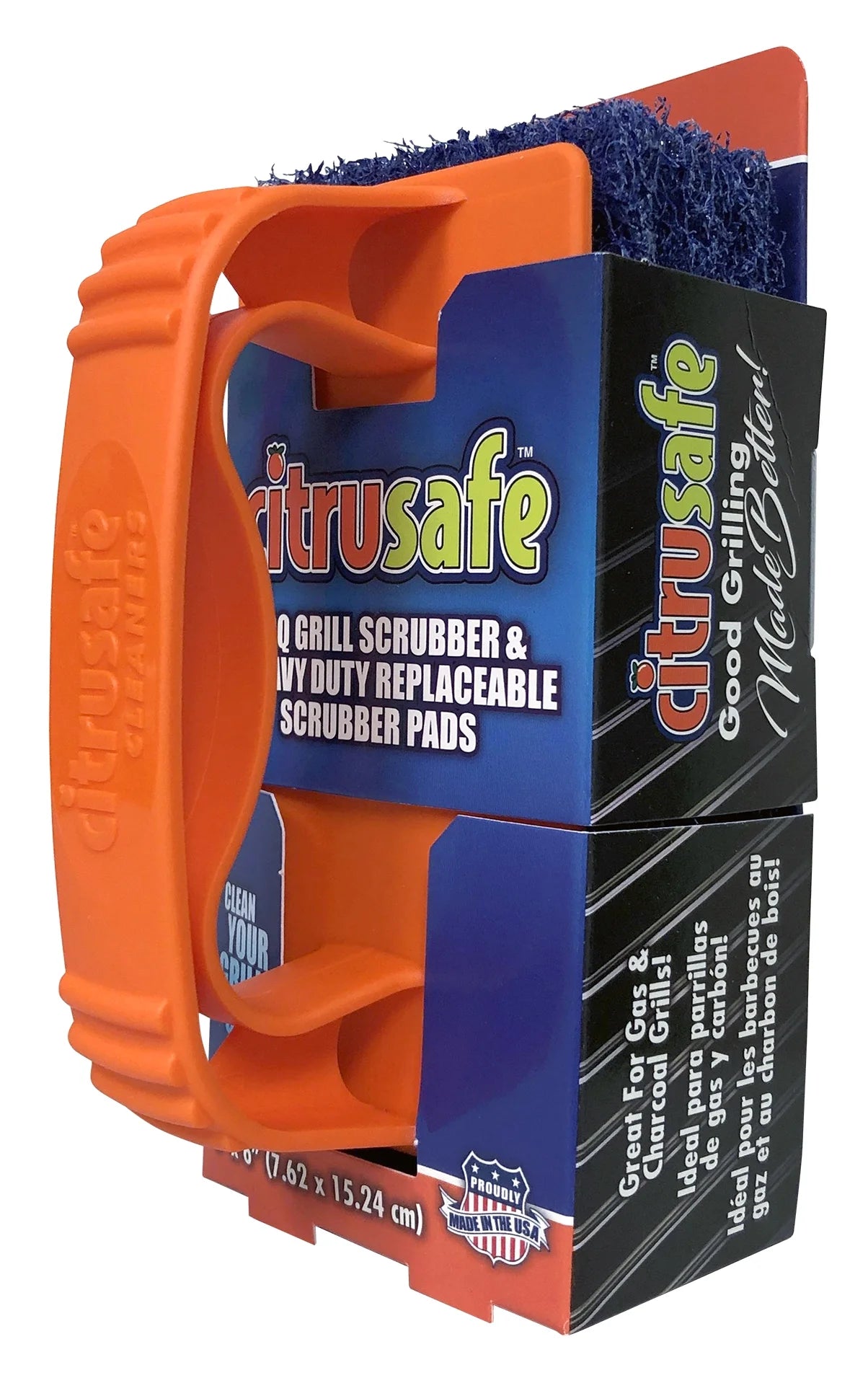 Citrusafe BBQ Grill Scrubber with Handle and 3 Heavy Duty Blue Nylon Pads