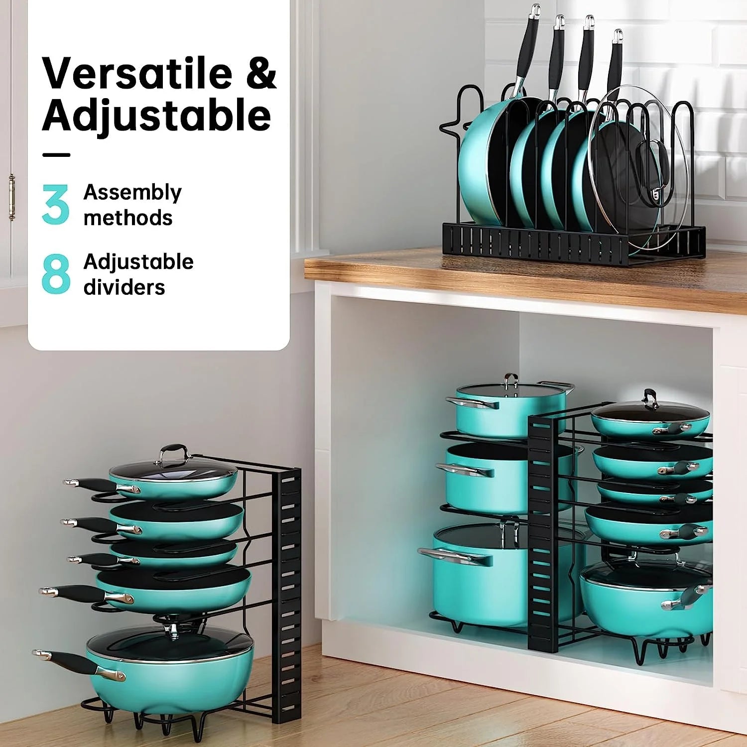 PHANCIR Pots and Pans Organizer Rack, 3 DIY Methods Adjustable 8-Tier Pot and Pan Rack, Metal Heavy Duty Organizer with Anti-Slip Silicone Pad for Cabinet Kitchen Organization Storage