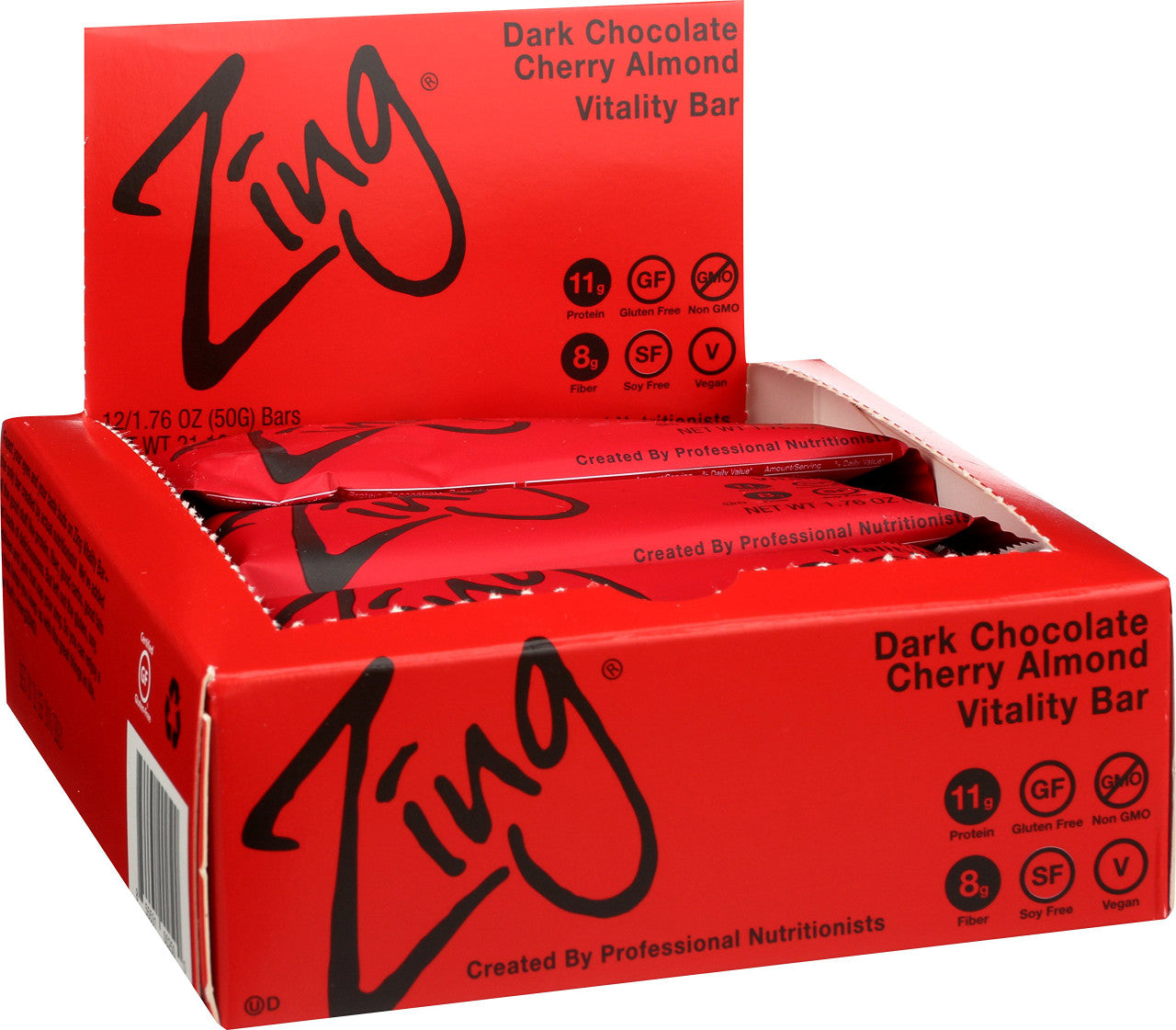 Zing Dark Chocolate Cherry Almond Bar (12 x 1.76 oz) | Gluten-Free, Plant-Based Protein Snack