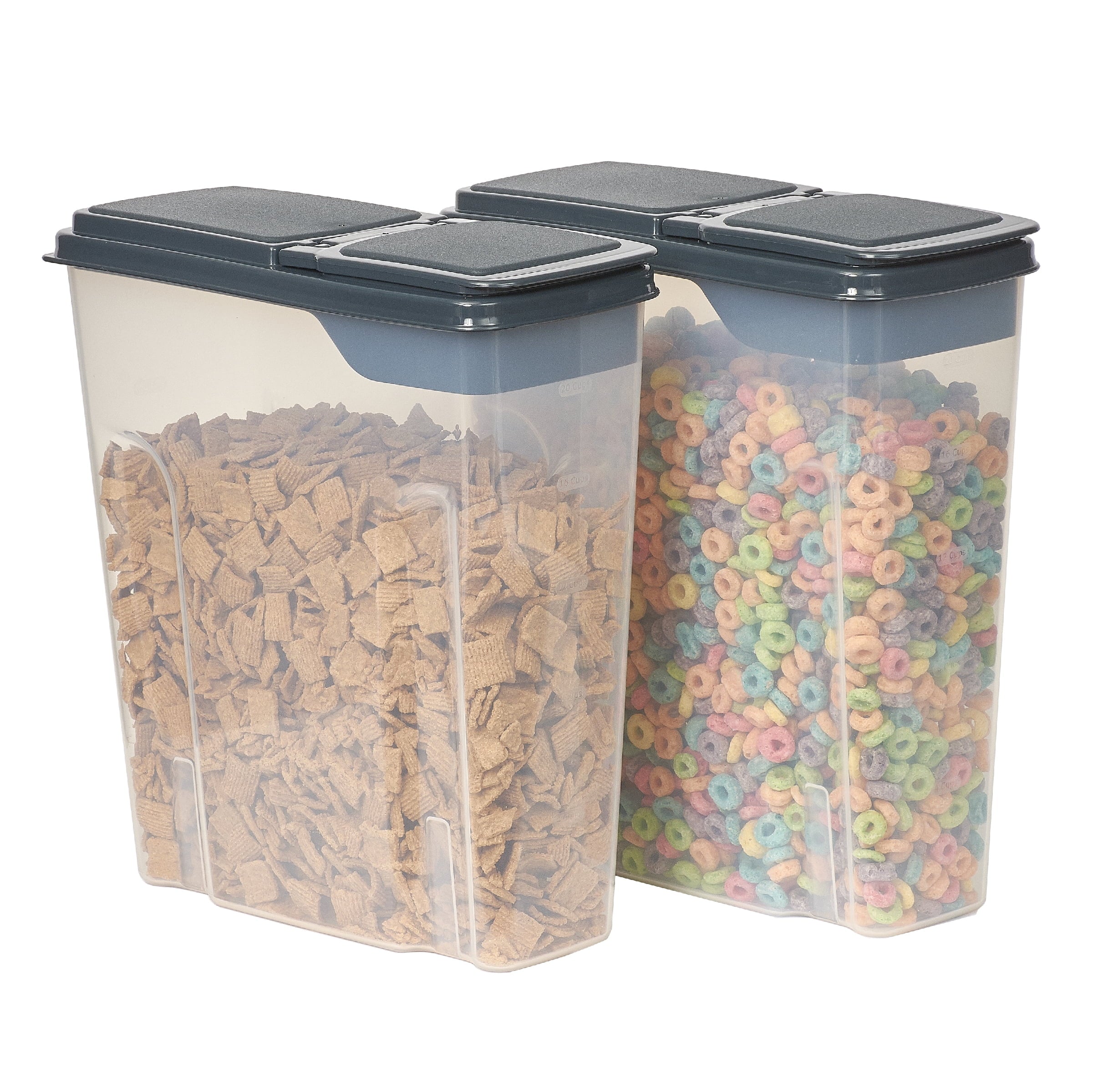 Mainstays 2-Pack Plastic Cereal Keeper Storage Containers, Kitchen Pantry Organizer Canisters for Cereal and Dry Food Storage, 24 Cup Capacity, Dark Gray Lid