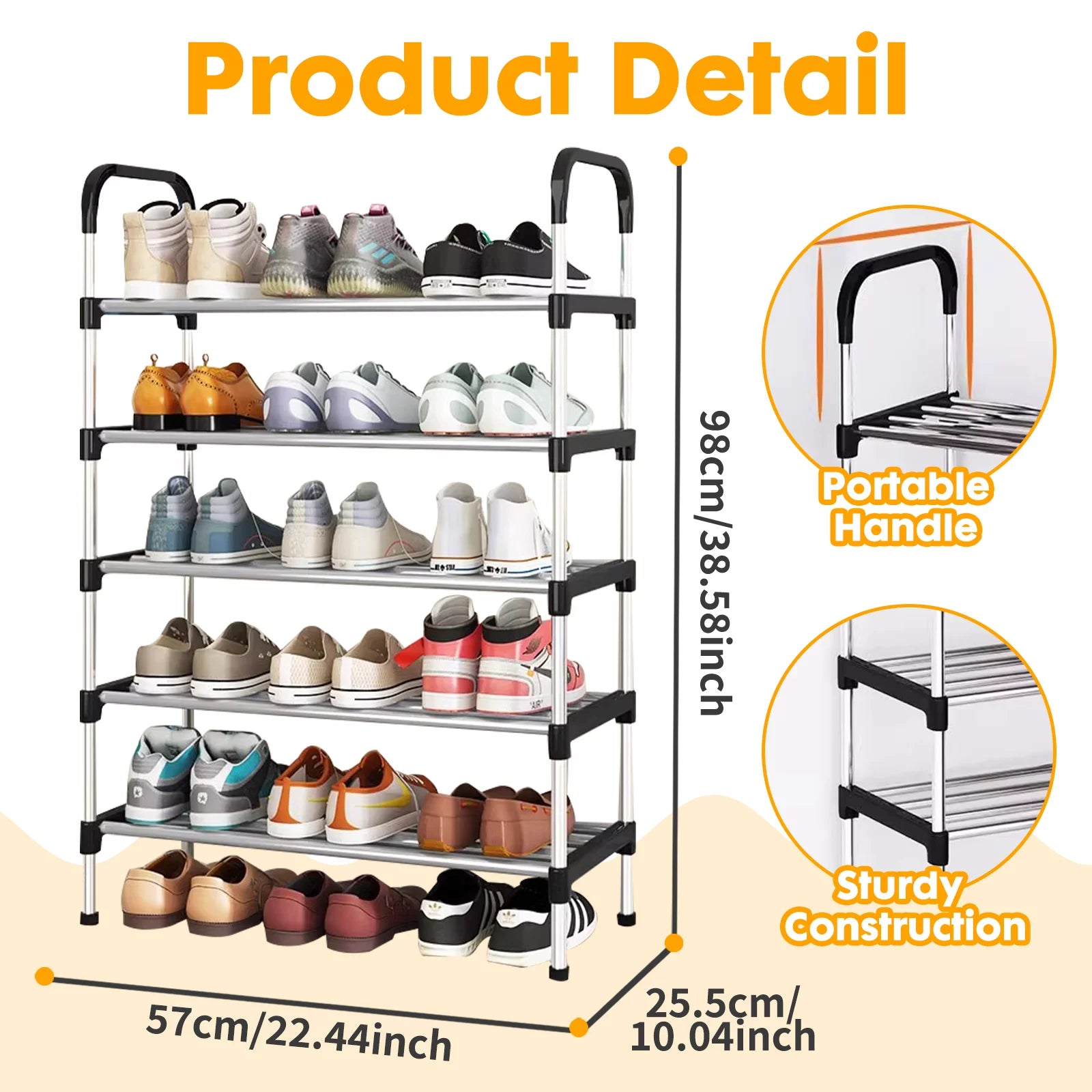 YOYTOO 5 Tier Shoe Rack, Stackable Metal 15 Pairs Shoes Organizer Storage Shelf for Closet Door Entryway