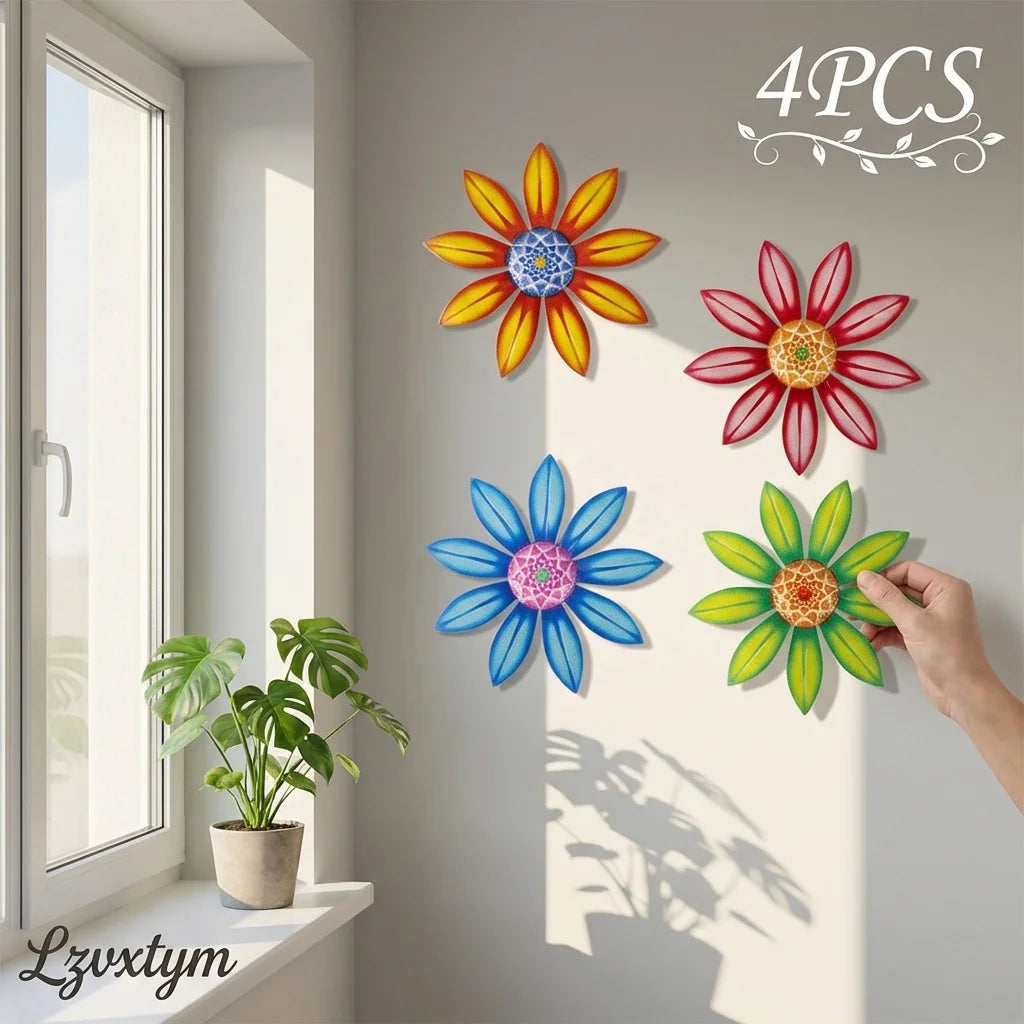 Lzvxtym Metal Flower Wall Decor, 4 PCS Metal Outdoor Wall Art Decor, Metal Fence Art Wall Sculptures for Indoor outside Garden Patio Wall Decorations
