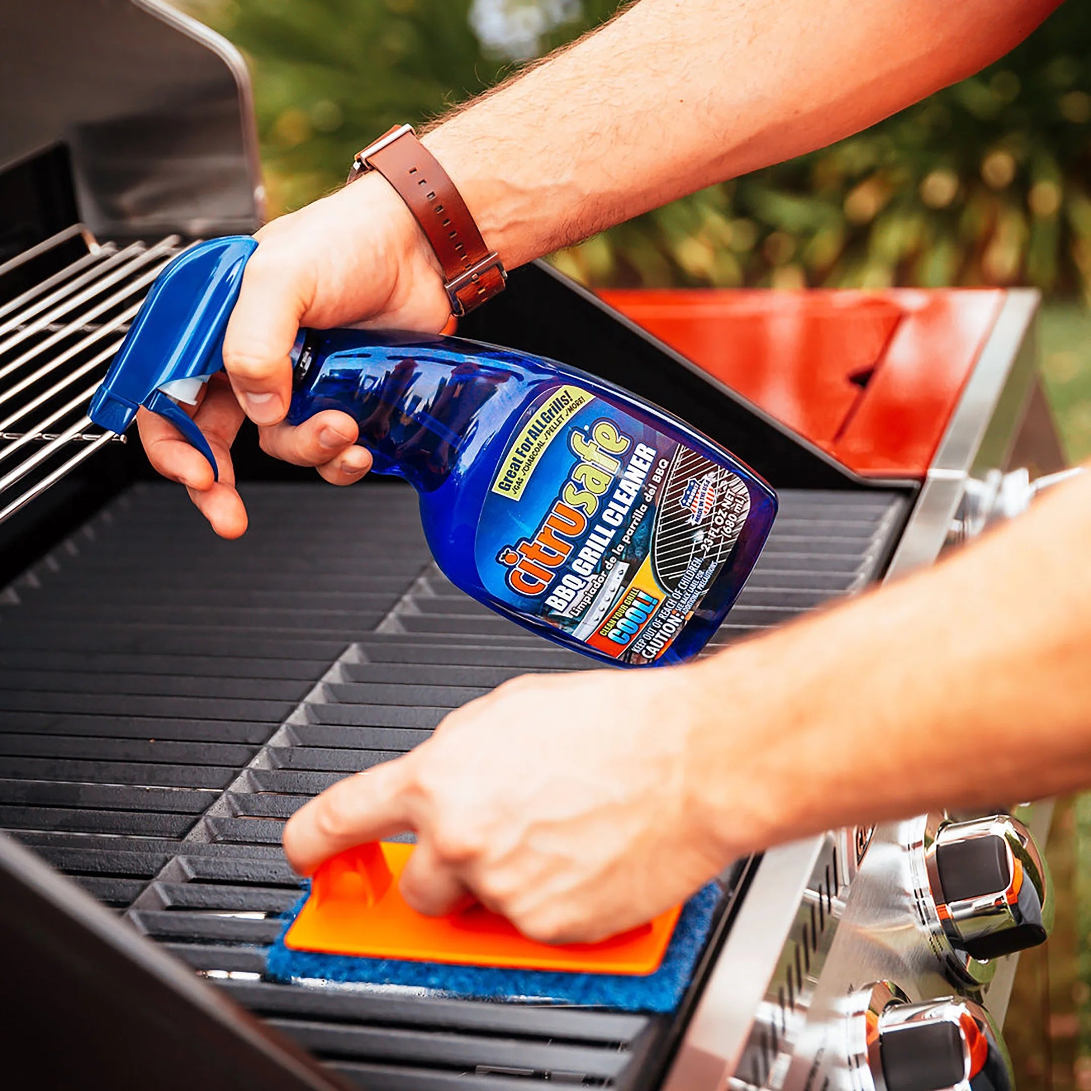 Citrusafe BBQ Grill Scrubber with Handle and 3 Heavy Duty Blue Nylon Pads