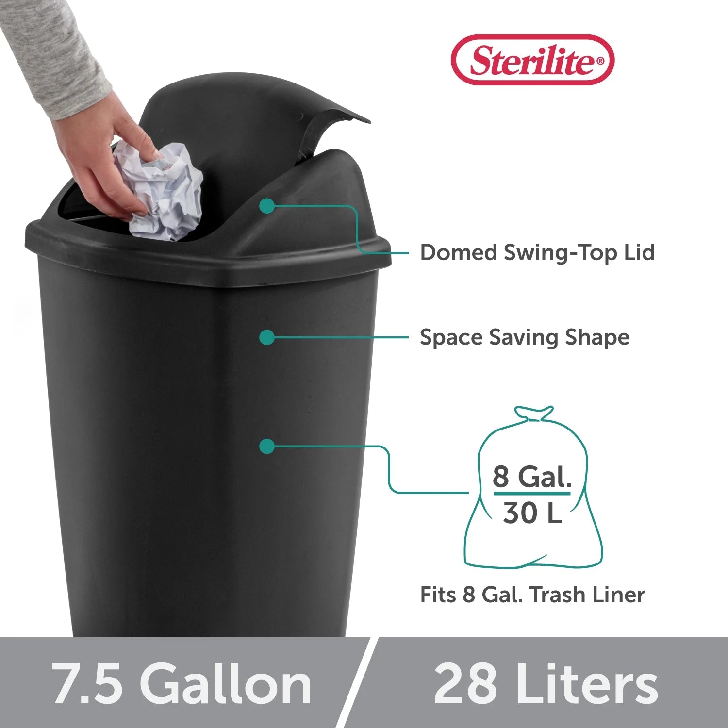 Sterilite Kitchen Trash Can, 7.5 Gallon Plastic Garbage Bin with Swing Top Lid, Black