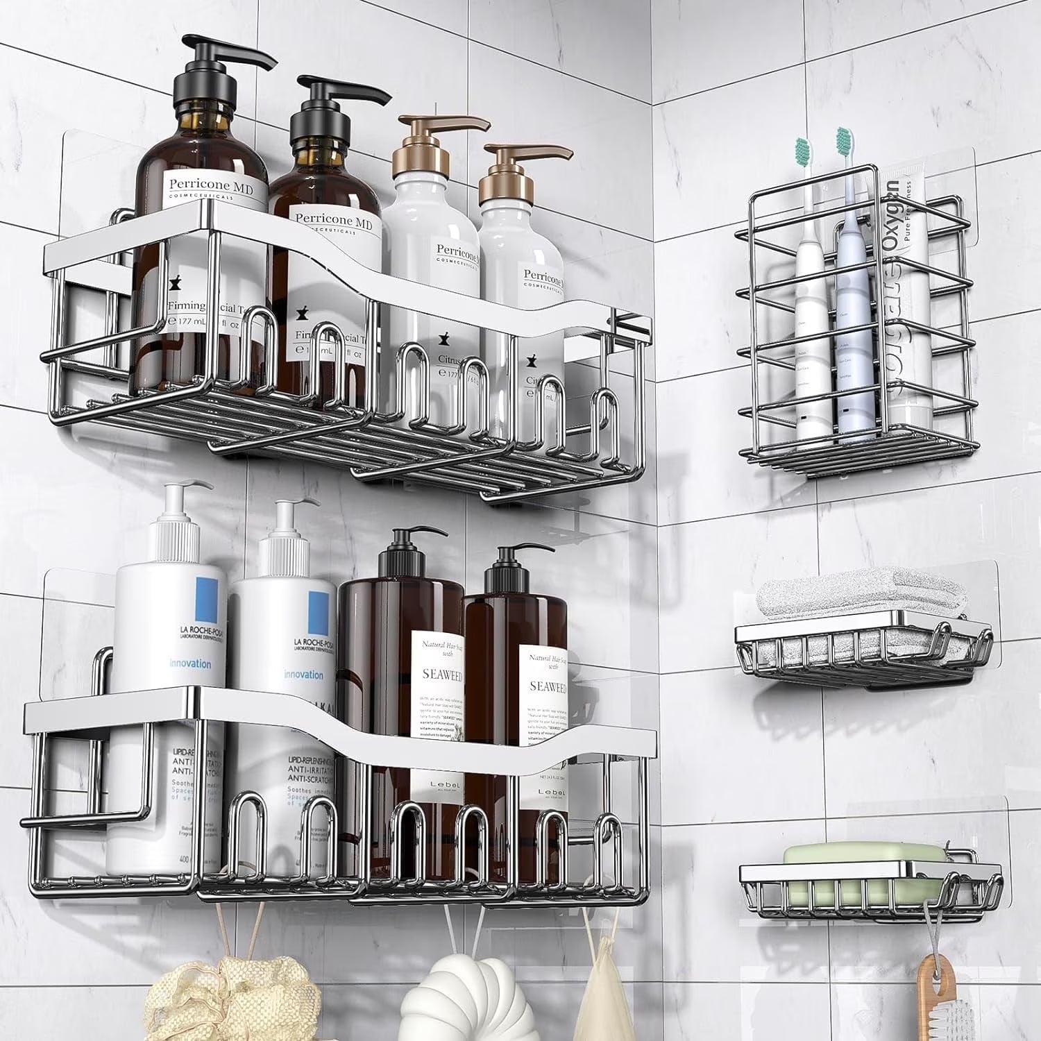 Shower Caddy, Shower Shelves 5 Pack, Adhesive Shower Organizer for Bathroom & Kitchen, No Drilling, Large Capacity, Rustproof SUS304 Stainless Steel Bathroom Organizer, Bathroom Accessories, Black