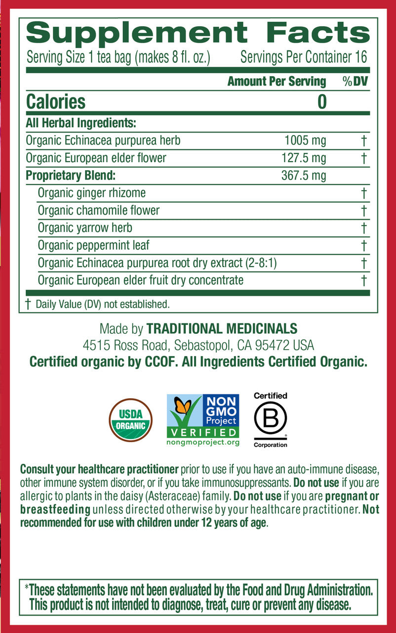 Traditional Medicinals Organic Echinacea Elder Tea – Herbal Immune Support with Elderberry (6x16 Bags)