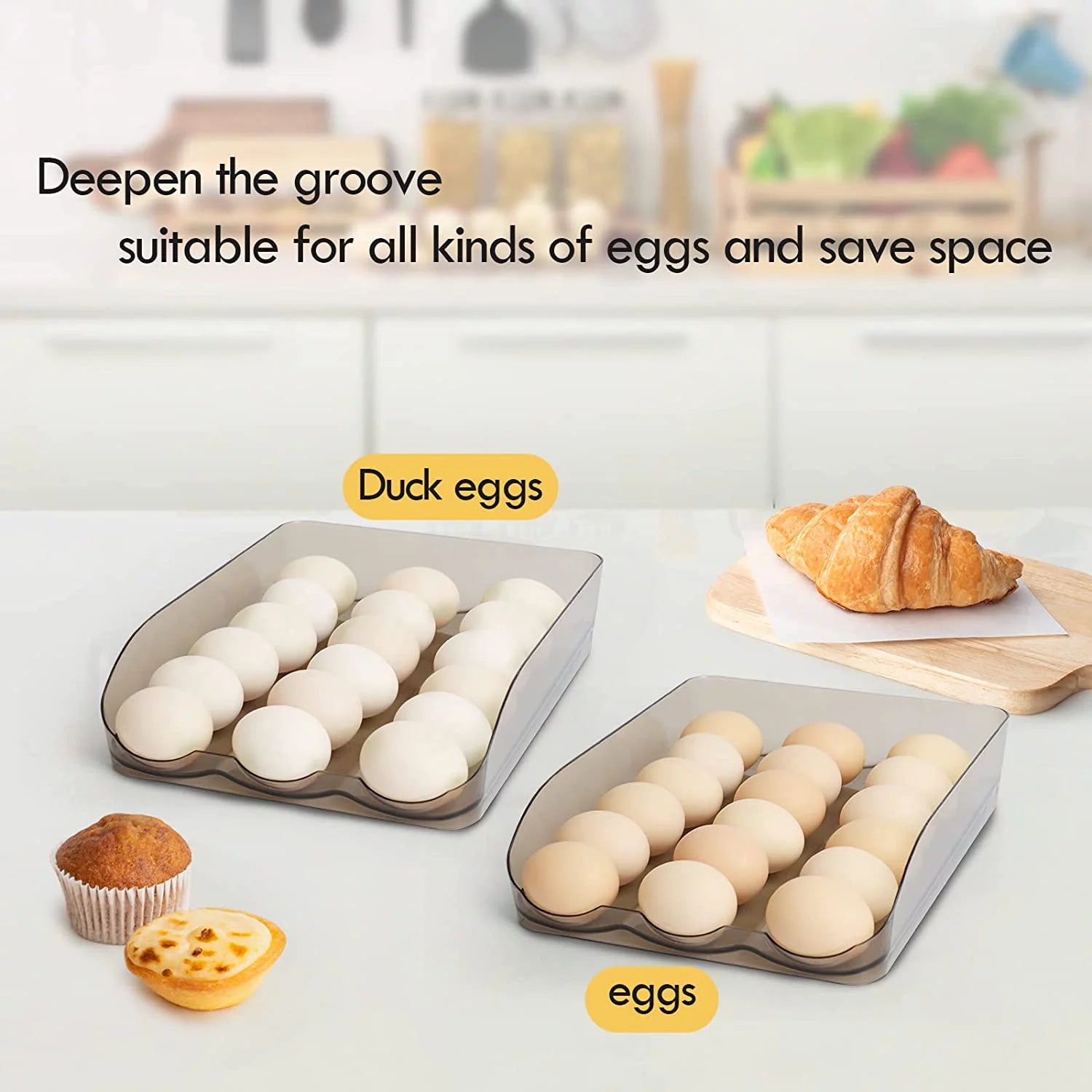 SUNFICON Large Capacity Auto Rolling Egg Holder for Refrigerator, Egg Fresh Storage Box for Fridge, Egg Storage Container Organizer Bin, Crystal Gray Plastic Storage Container (1 Layer)