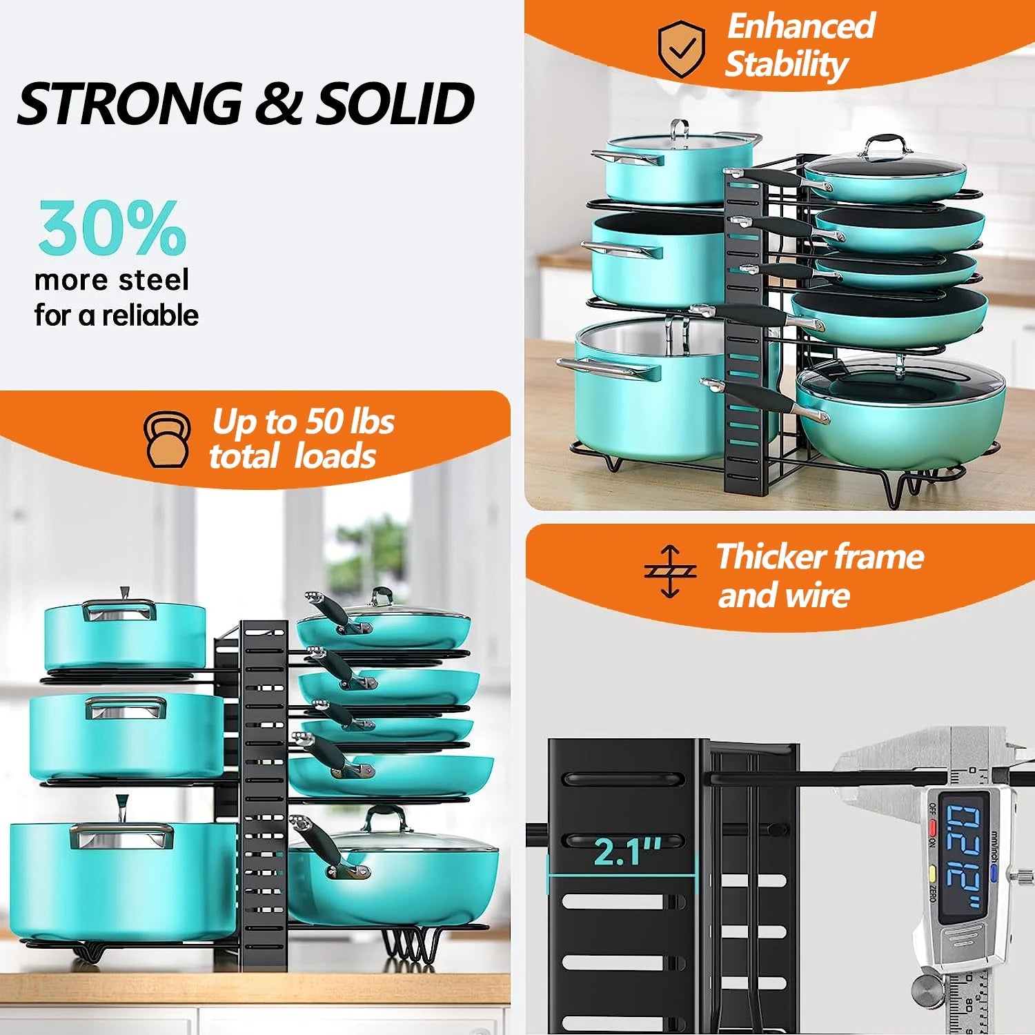 PHANCIR Pots and Pans Organizer Rack, 3 DIY Methods Adjustable 8-Tier Pot and Pan Rack, Metal Heavy Duty Organizer with Anti-Slip Silicone Pad for Cabinet Kitchen Organization Storage