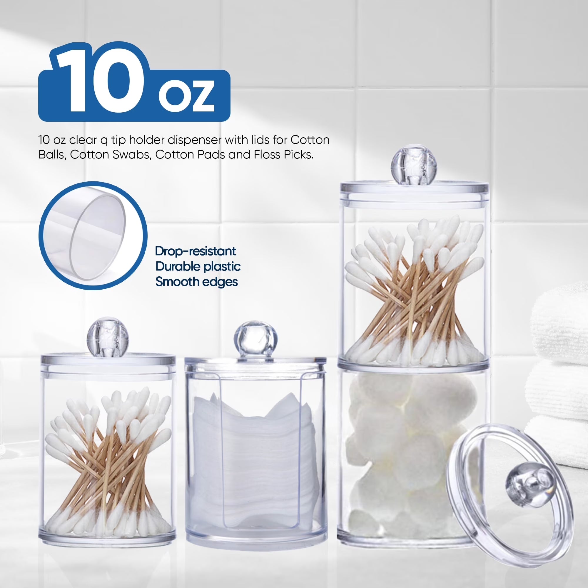 Vanity Jar Storage Set, Bathroom Organizer, Canister Jar, Clear Plastic Apothecary Cup with Lid, Qtip Holder, for Cotton Ball, Swab, round Pads, Q Tip, Floss, 10 Oz (4 Pack)