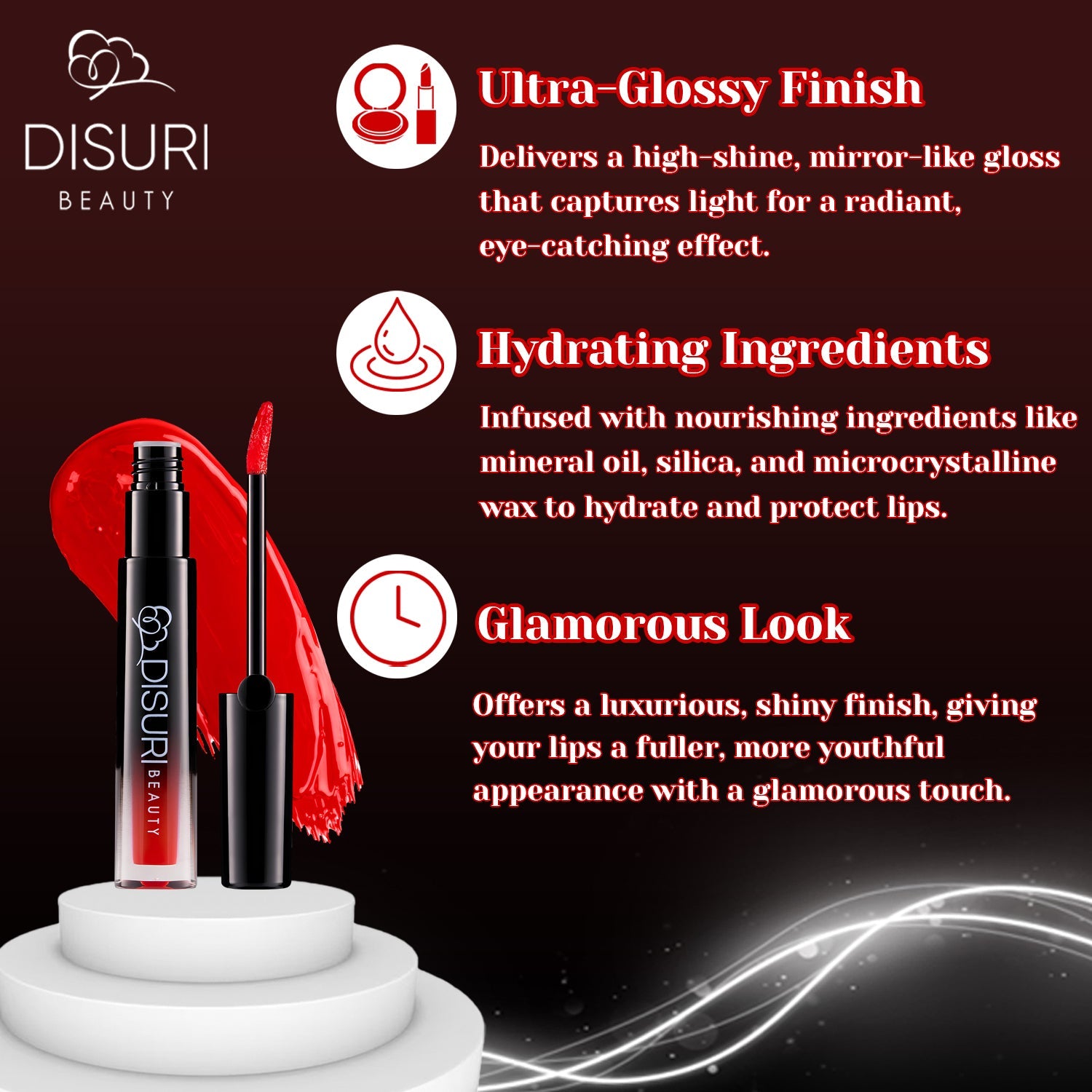 Red Lip Gloss High Shine Non Sticky Vegan Cruelty Free Hydrating Gloss – DISURI Beauty Royal Red