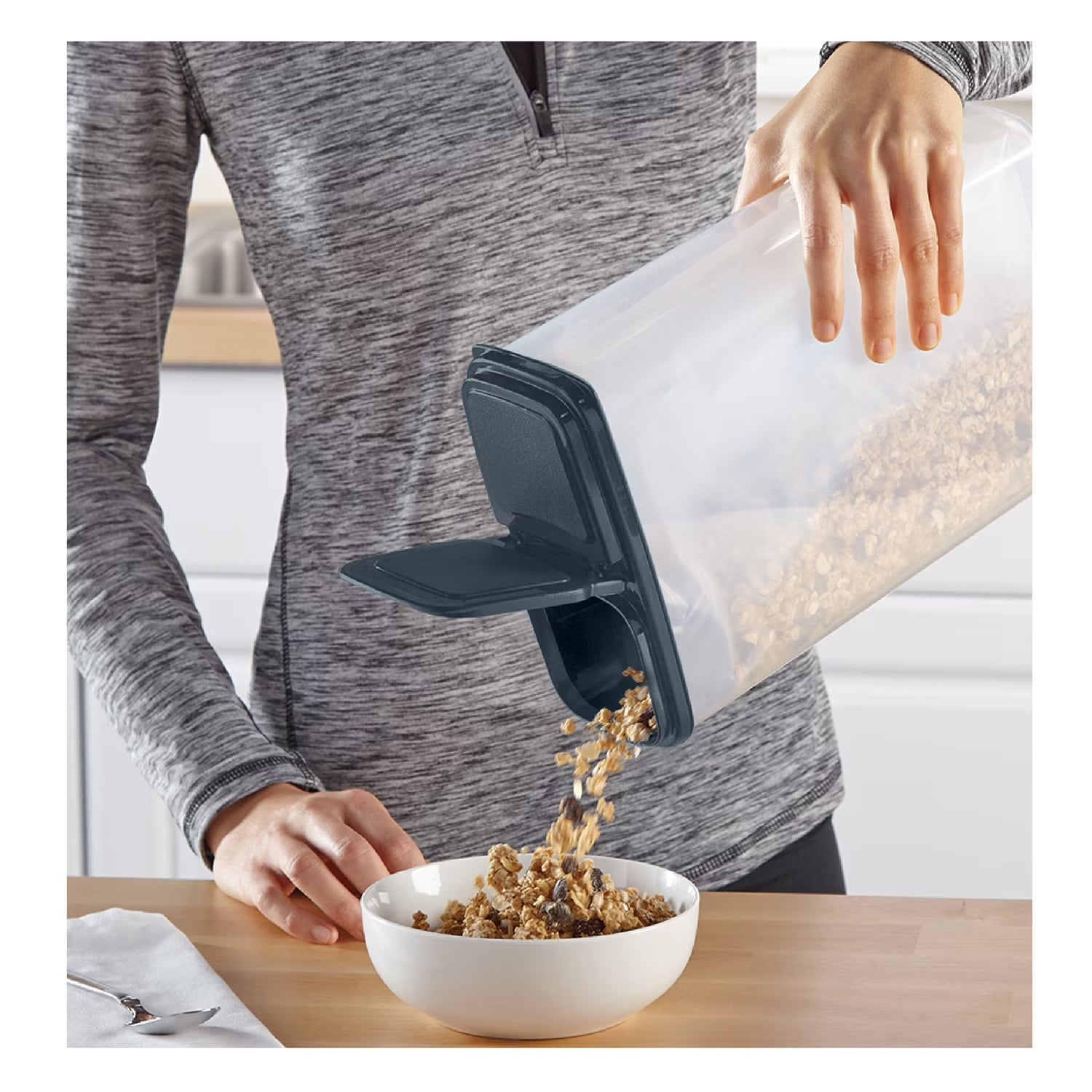 Mainstays Plastic Small Cereal Dispenser, Clear, Gray Lid, 16-Cups, Single, 7.25" X 4" X 11.25", Made for Pantry Organization and Food Storage