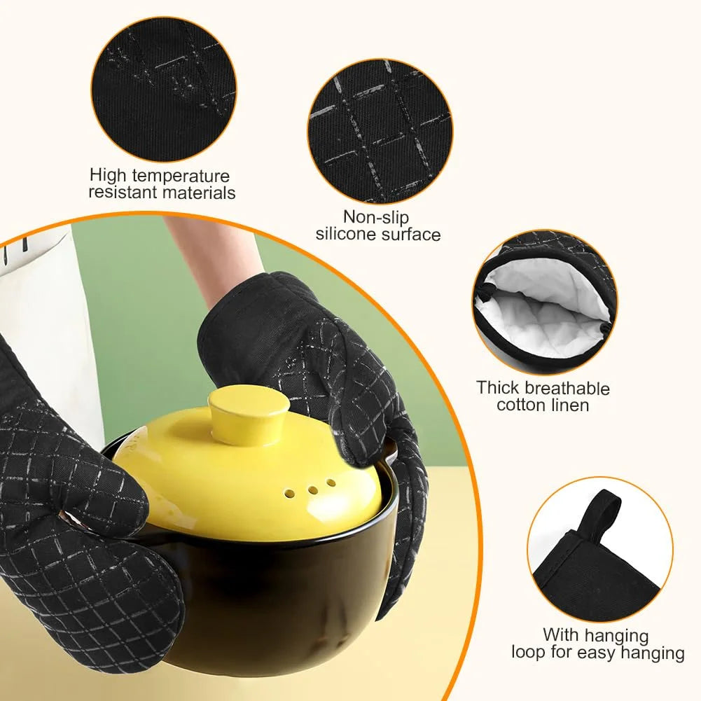ZOUYUE Silicone Pot Holders and Oven Mitts Sets Kitchen Gloves Heat-Resistant Non-Slip for Baking Cooking Black 4 Pieces