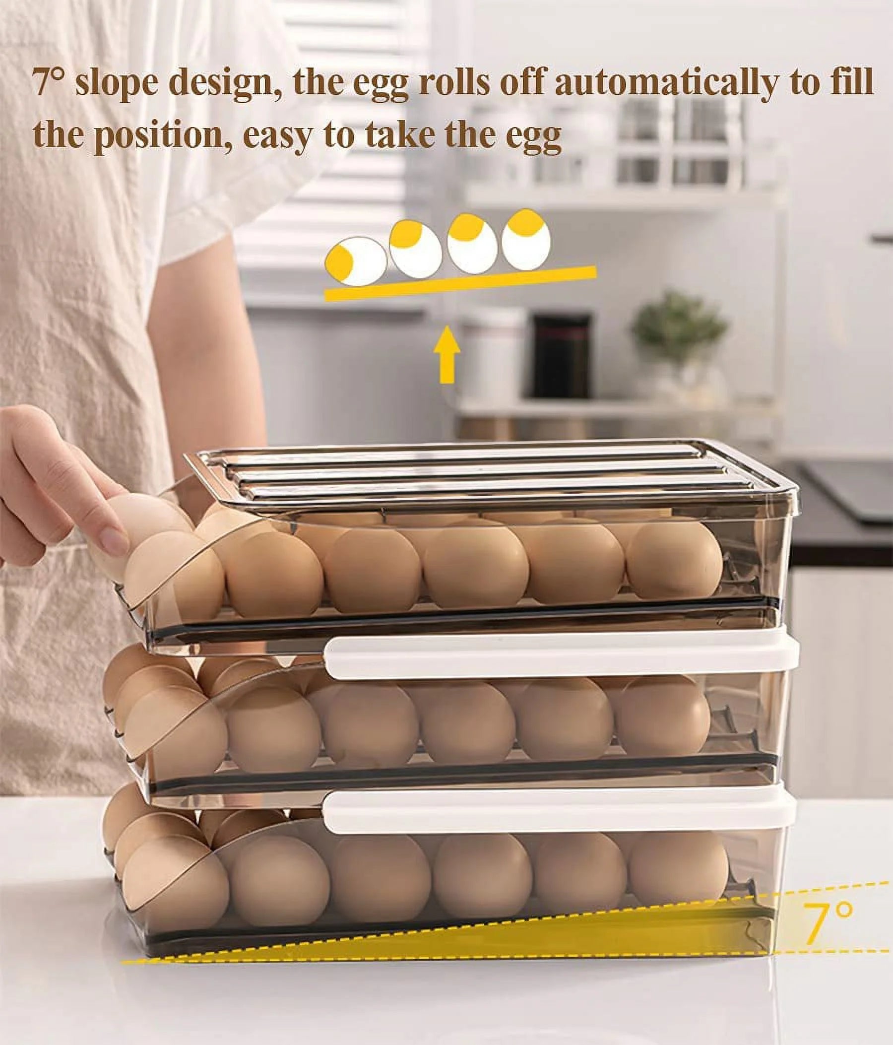SUNFICON Large Capacity Auto Rolling Egg Holder for Refrigerator, Egg Fresh Storage Box for Fridge, Egg Storage Container Organizer Bin, Crystal Gray Plastic Storage Container (1 Layer)