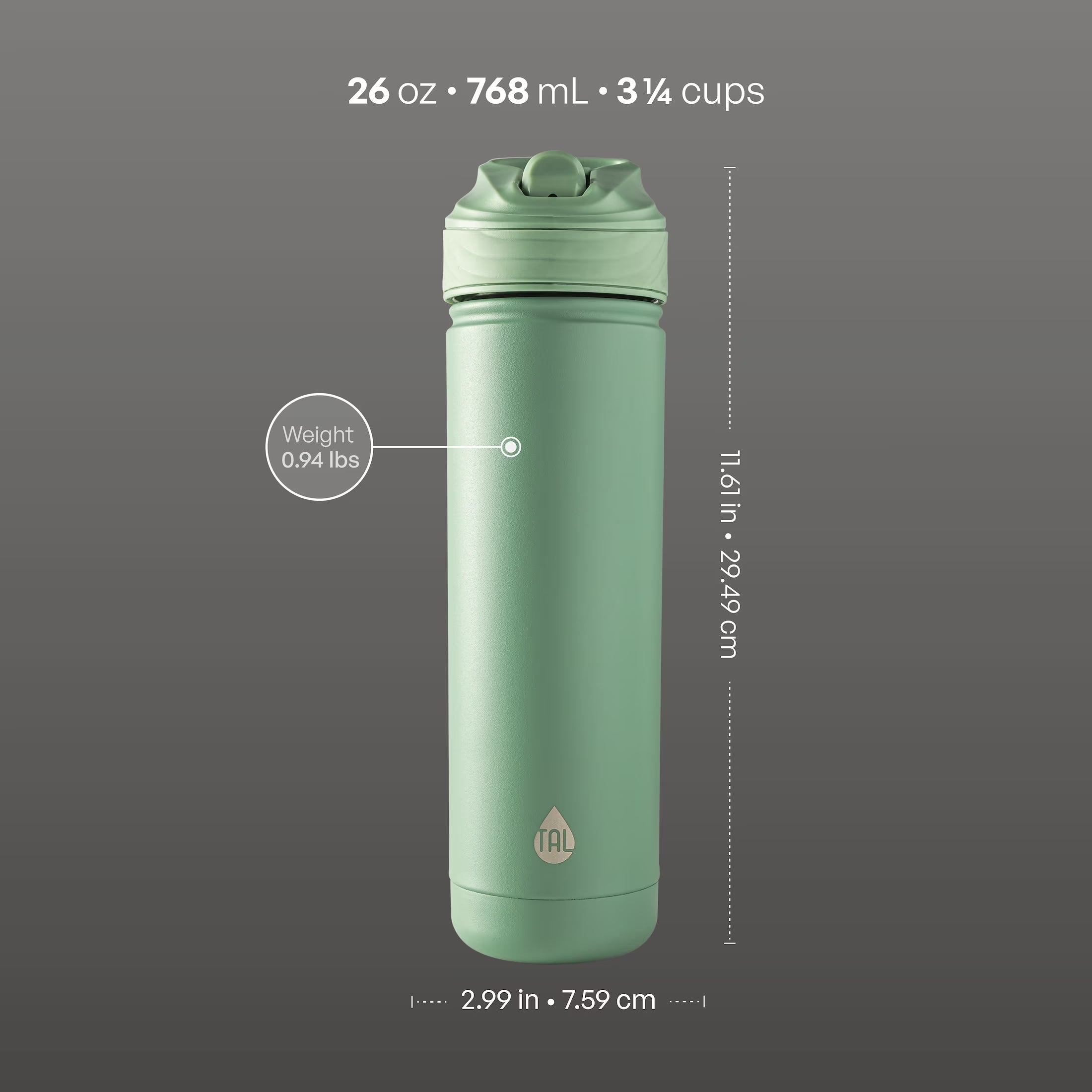 TAL 26Oz Stainless Steel Ranger Water Bottle with Easy Sip Straw, Sage