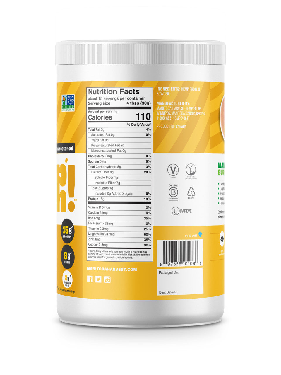 Manitoba Harvest Hemp Protein Powder (1×16 oz) | Plant-Based Protein + Fiber, Cold-Milled Hemp