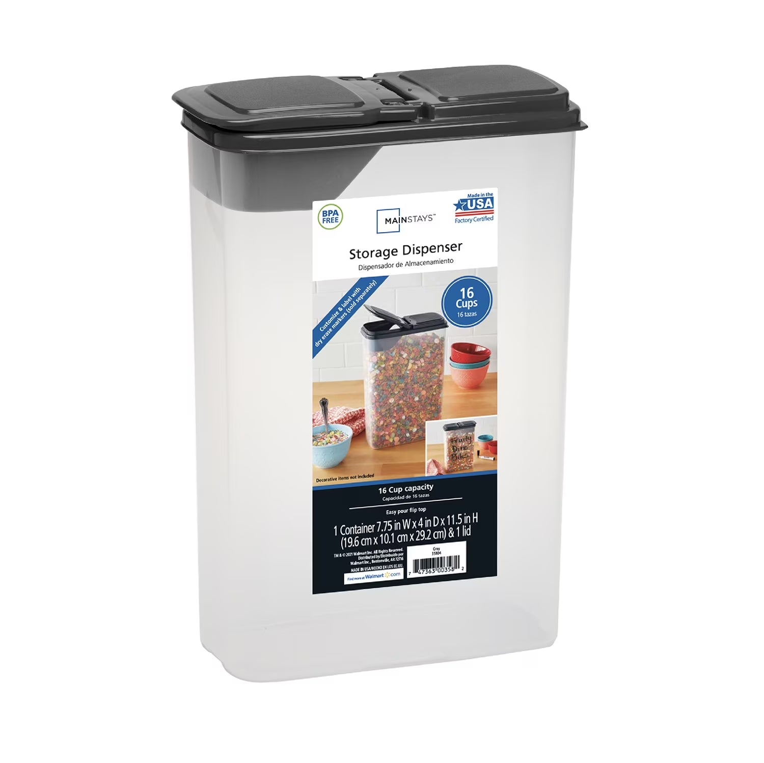 Mainstays Plastic Small Cereal Dispenser, Clear, Gray Lid, 16-Cups, Single, 7.25" X 4" X 11.25", Made for Pantry Organization and Food Storage