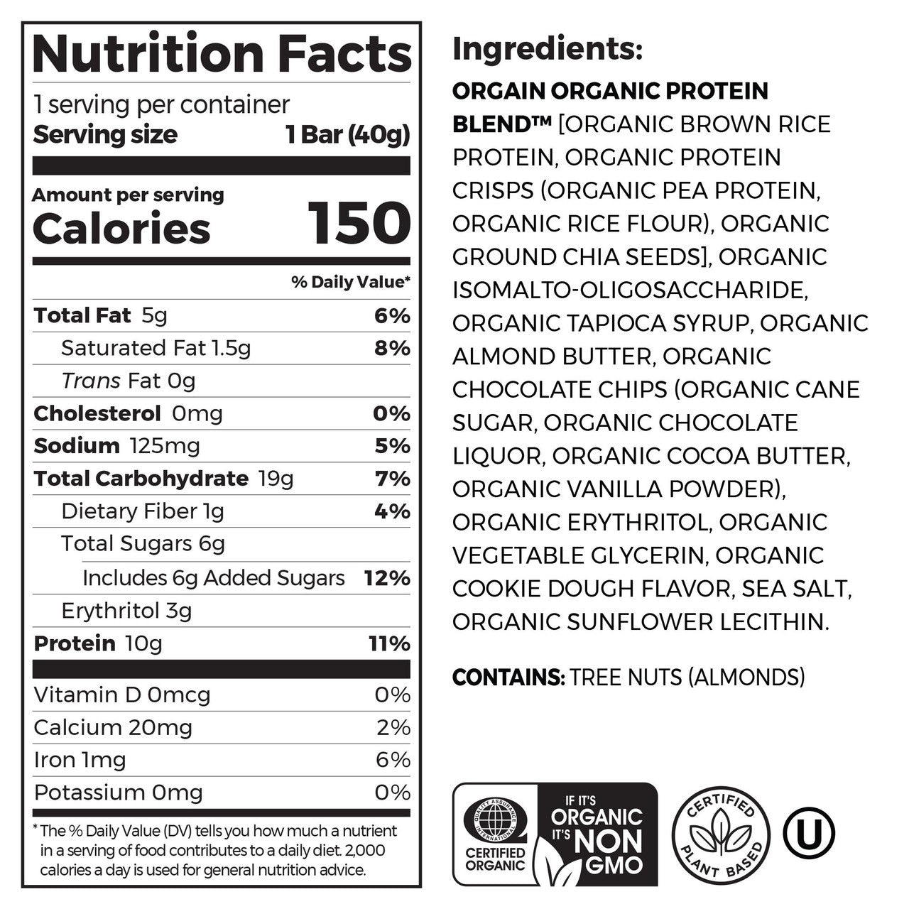 Orgain Organic Protein Snack Bar Chocolate Chip Cookie Dough (12 x 1.41 oz) | 10g Plant-Based Protein, Gluten-Free, Vegan