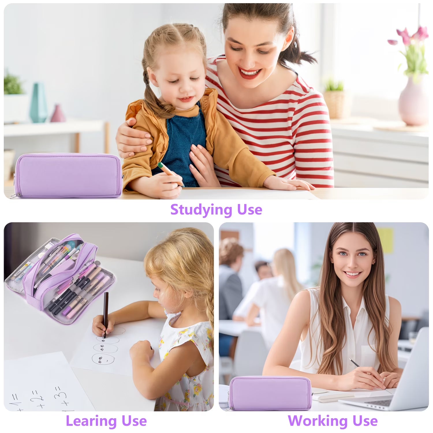 Rirool Large Capacity Pencil Case, 3 Zipper Compartments Pen Pouch for High School, College, Teachers, Office & Travel Use, Makeup Bag for Teens and Adults, Purple