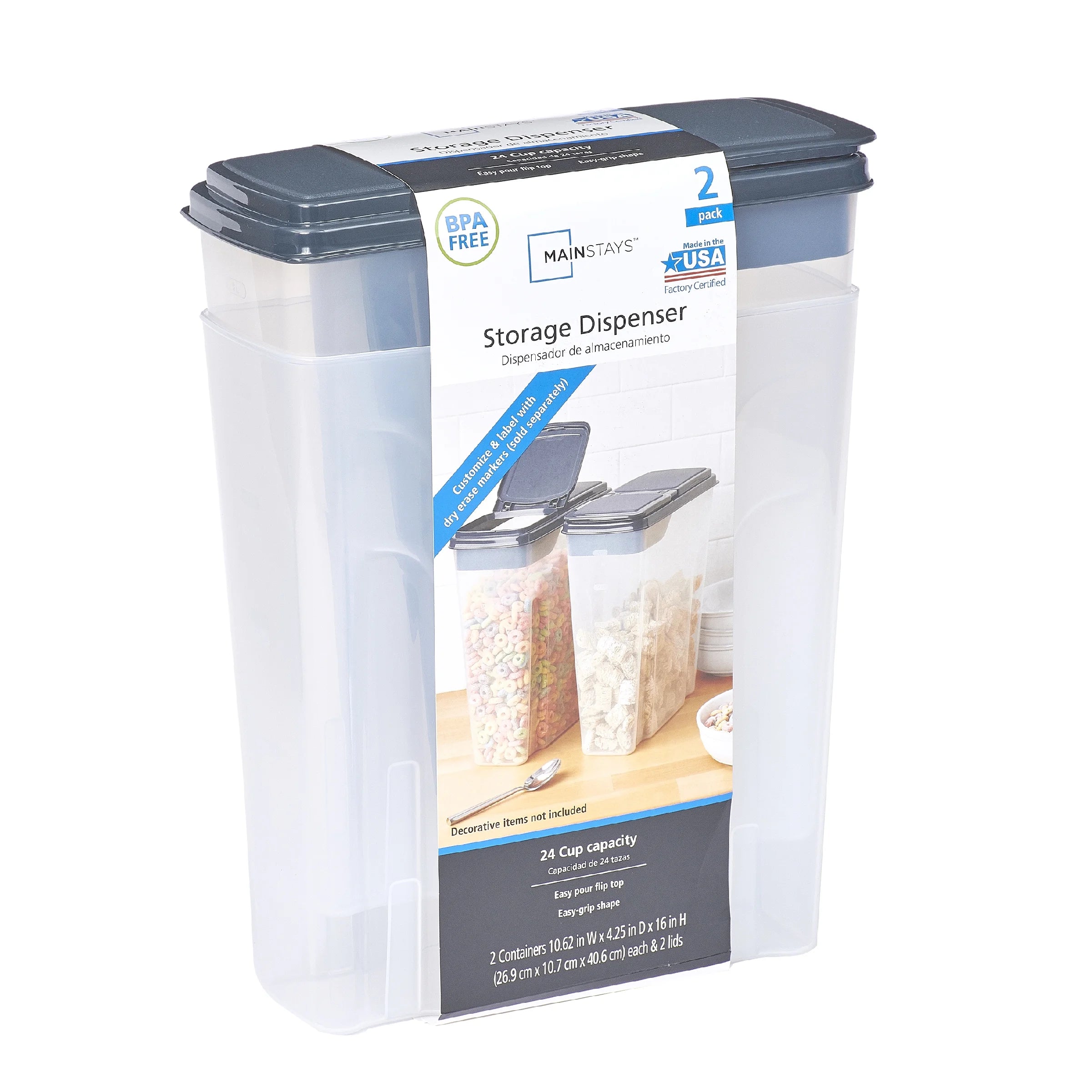 Mainstays 2-Pack Plastic Cereal Keeper Storage Containers, Kitchen Pantry Organizer Canisters for Cereal and Dry Food Storage, 24 Cup Capacity, Dark Gray Lid