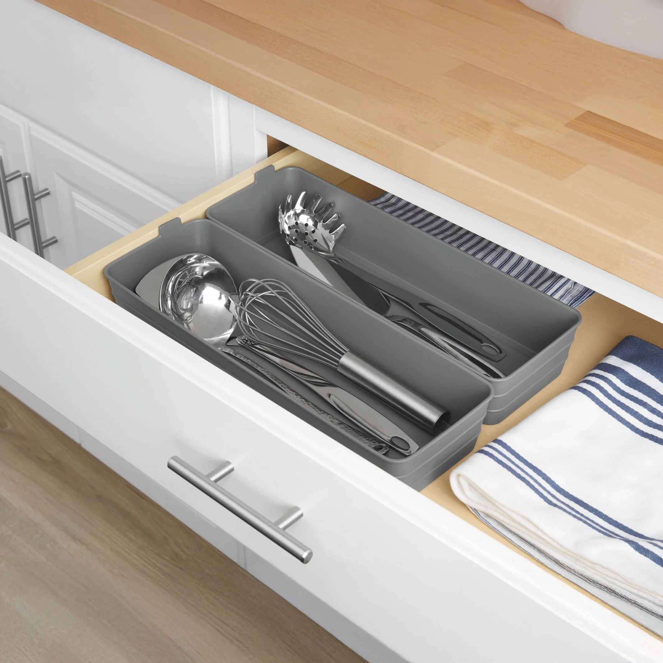 (2 Pack) Mainstays Utility Flex Storage Tray Organizer Set, Plastic Drawer Organizer Trays for Kitchen, Desk, Bathroom and Office Drawer Organization, Gray, 2-Pack, 5" X 15"