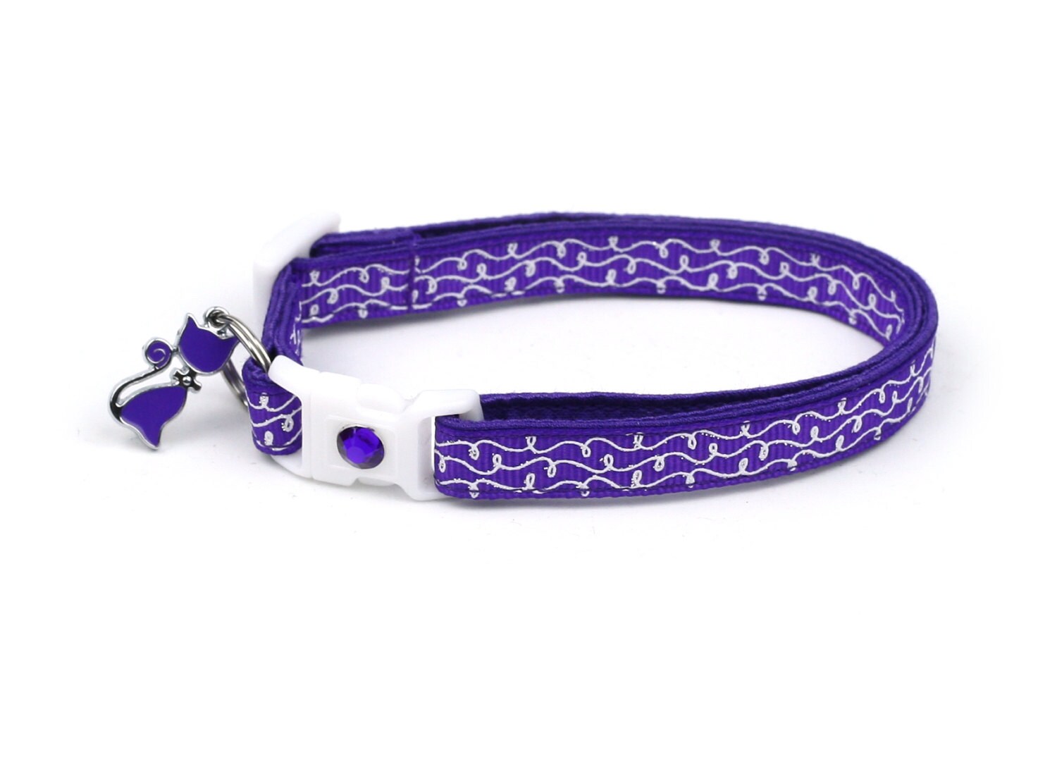 Purple Cat Collar with White Squiggles – Breakaway Safety, Custom Options, and Washable Reinforced Cotton