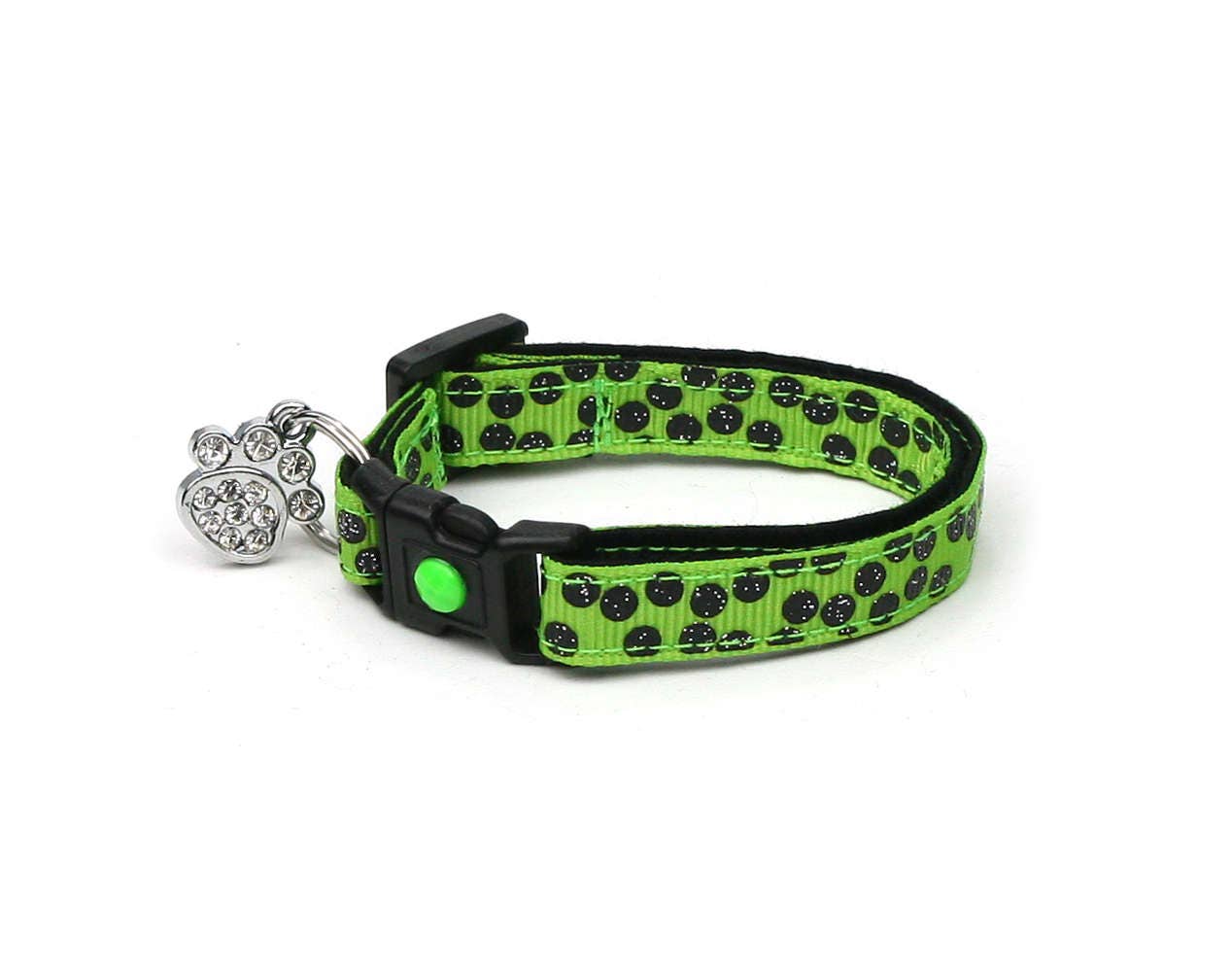 Handmade Green Cat Collar with Black Polka Dots and Safety Breakaway Feature