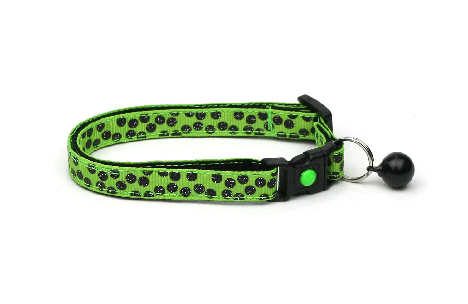 Handmade Green Cat Collar with Black Polka Dots and Safety Breakaway Feature