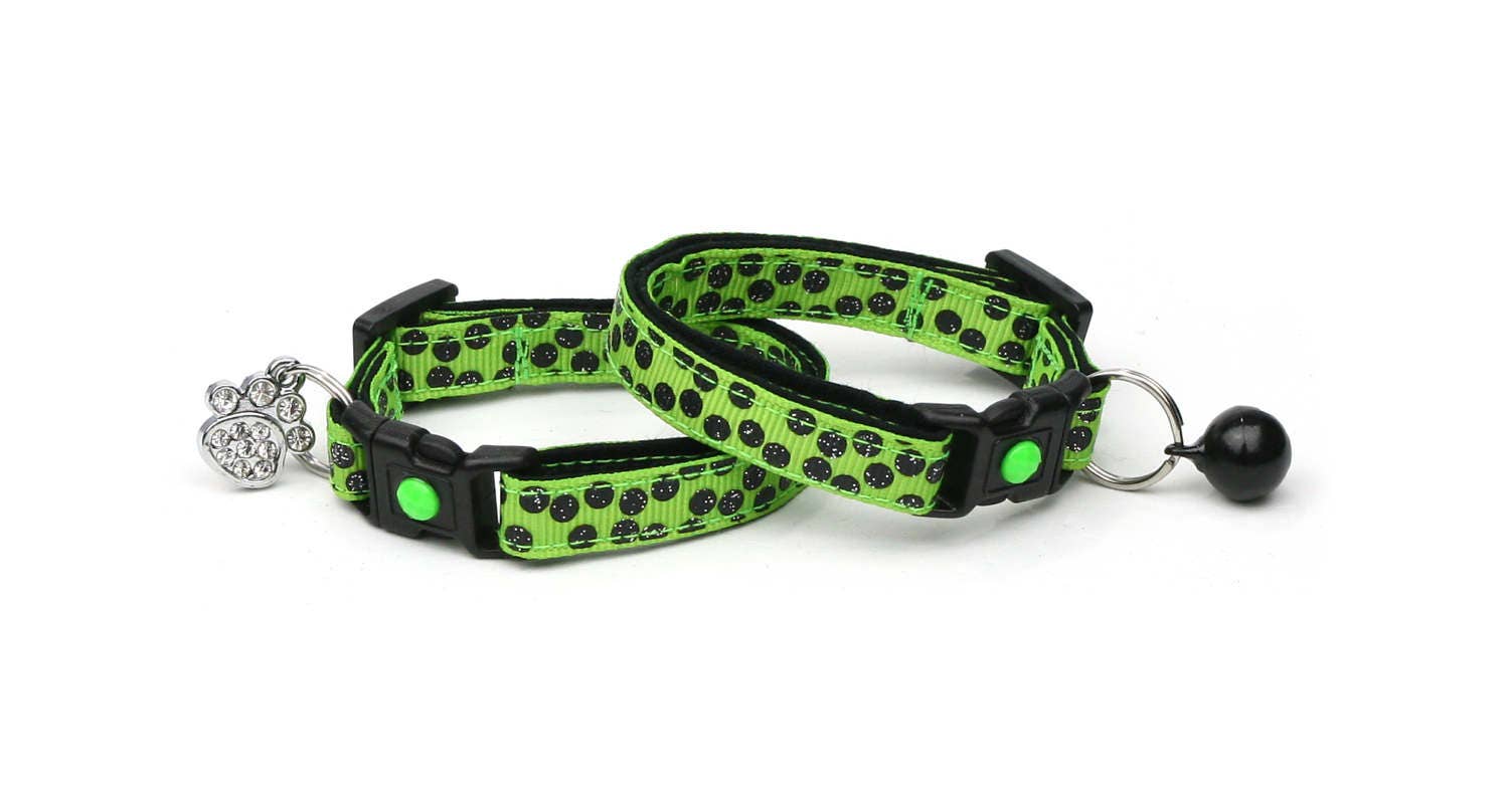 Handmade Green Cat Collar with Black Polka Dots and Safety Breakaway Feature