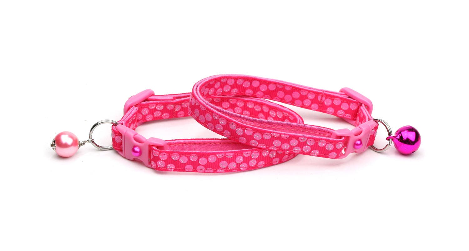 Handmade Pink Polka Dot Cat Collar with Safety Breakaway and Optional Bell