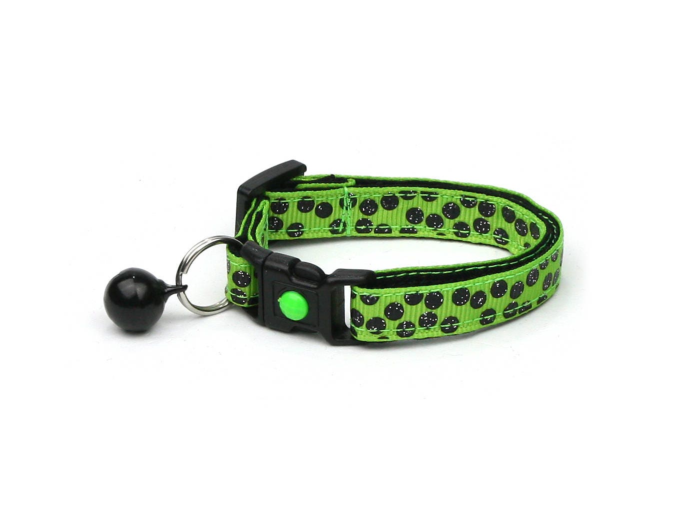 Handmade Green Cat Collar with Black Polka Dots and Safety Breakaway Feature