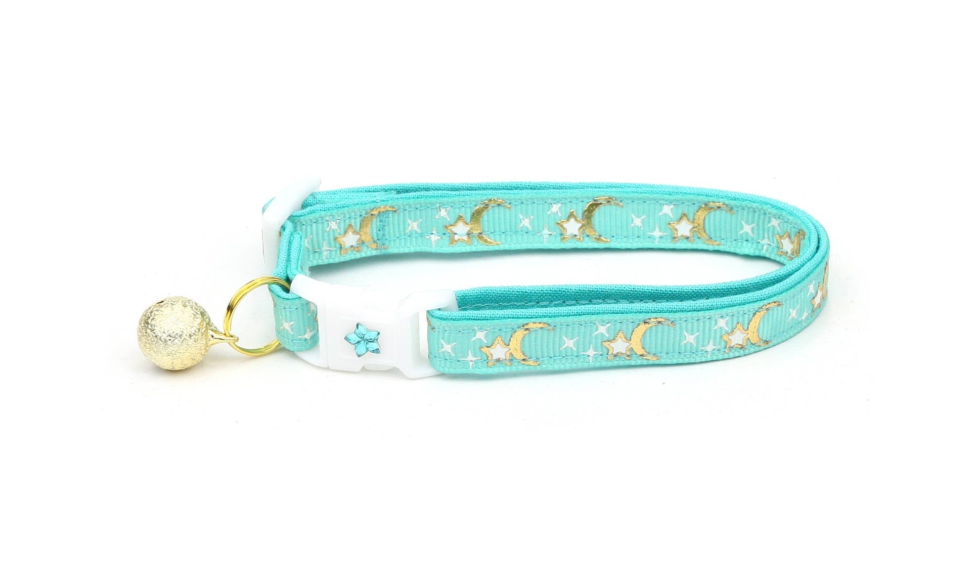 Glow-in-the-Dark Star & Moon Galaxy Aqua Cat Collar with Bell - Safe Breakaway Design