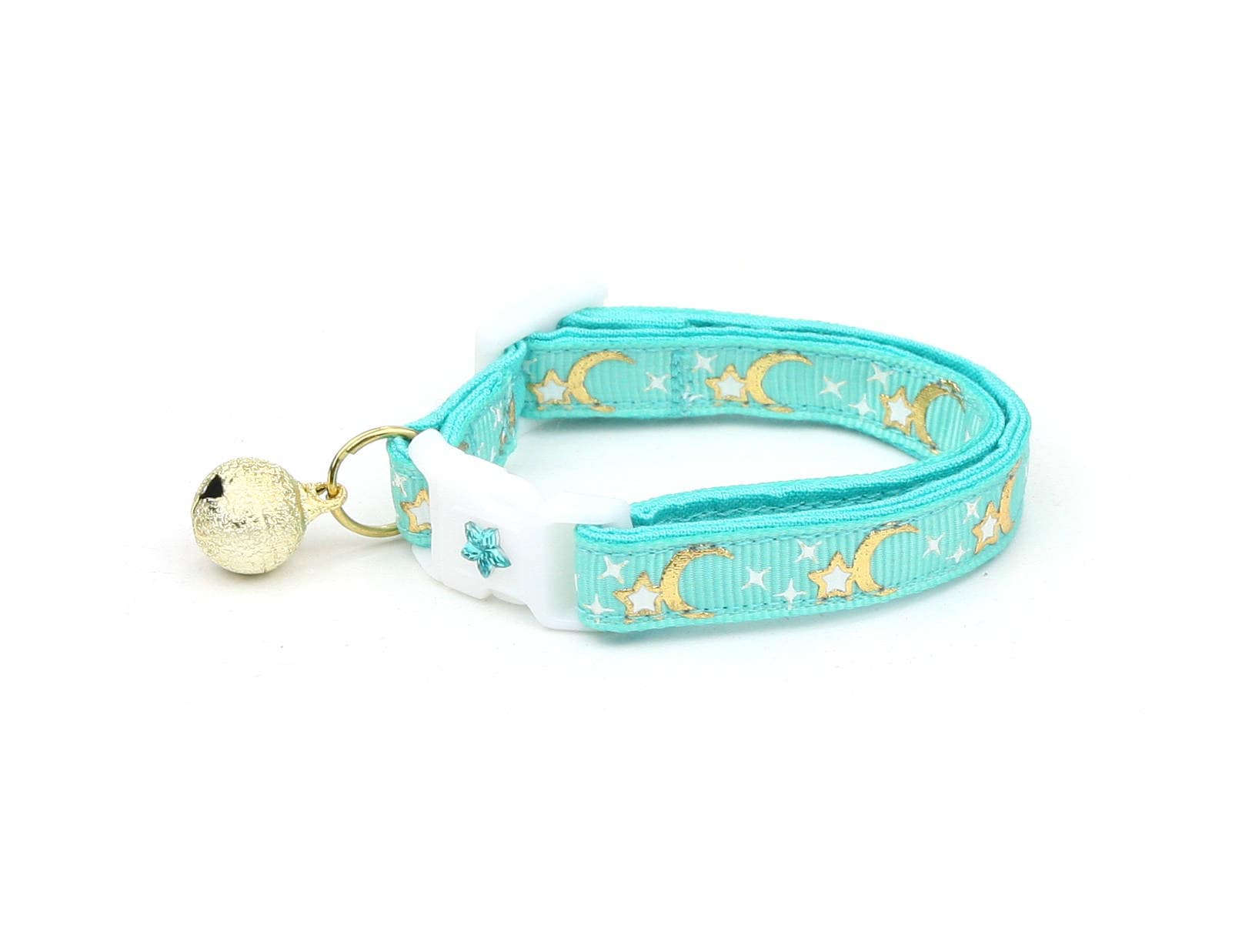 Glow-in-the-Dark Star & Moon Galaxy Aqua Cat Collar with Bell - Safe Breakaway Design