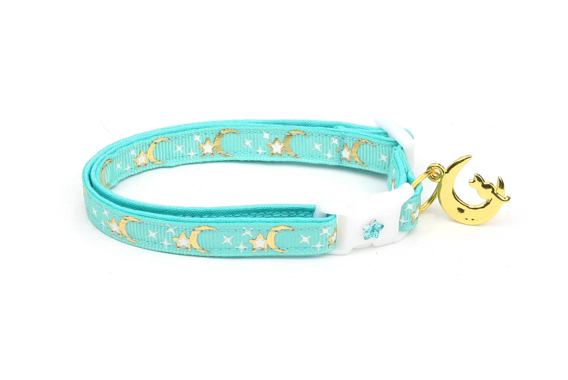 Glow-in-the-Dark Star & Moon Galaxy Aqua Cat Collar with Bell - Safe Breakaway Design