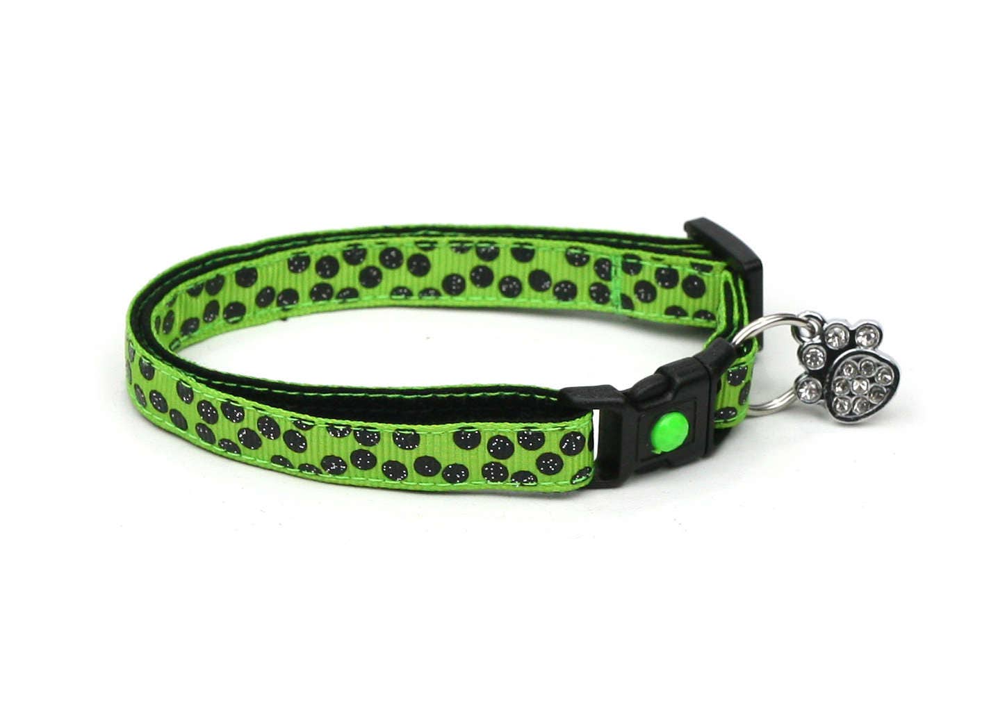 Handmade Green Cat Collar with Black Polka Dots and Safety Breakaway Feature