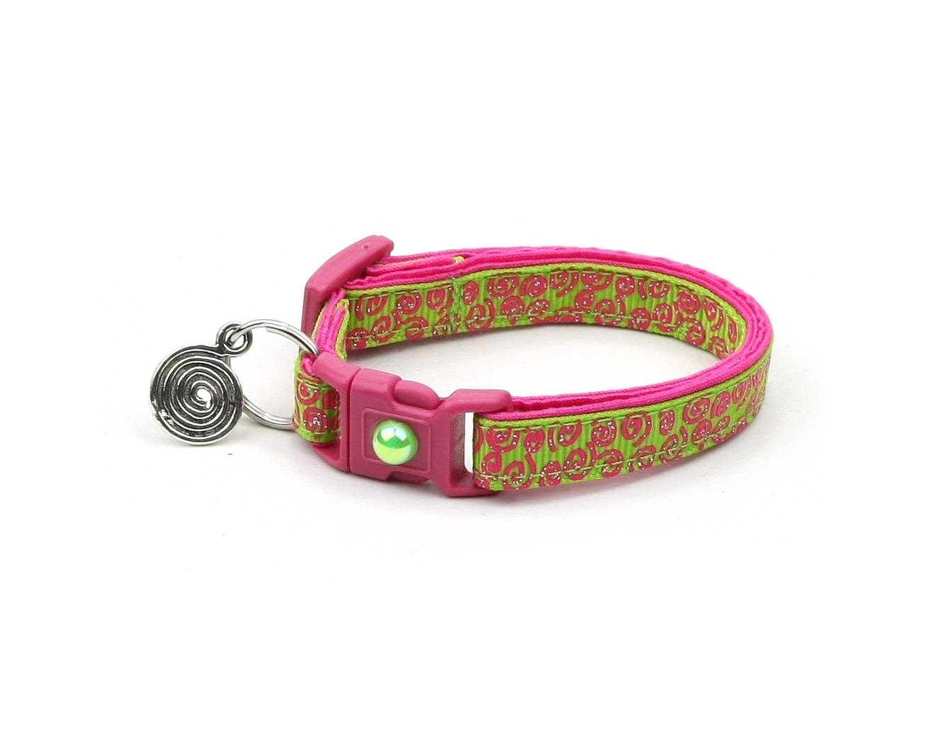 Bright Green & Pink Decorative Cat Collar with Safety Breakaway and Optional Bell