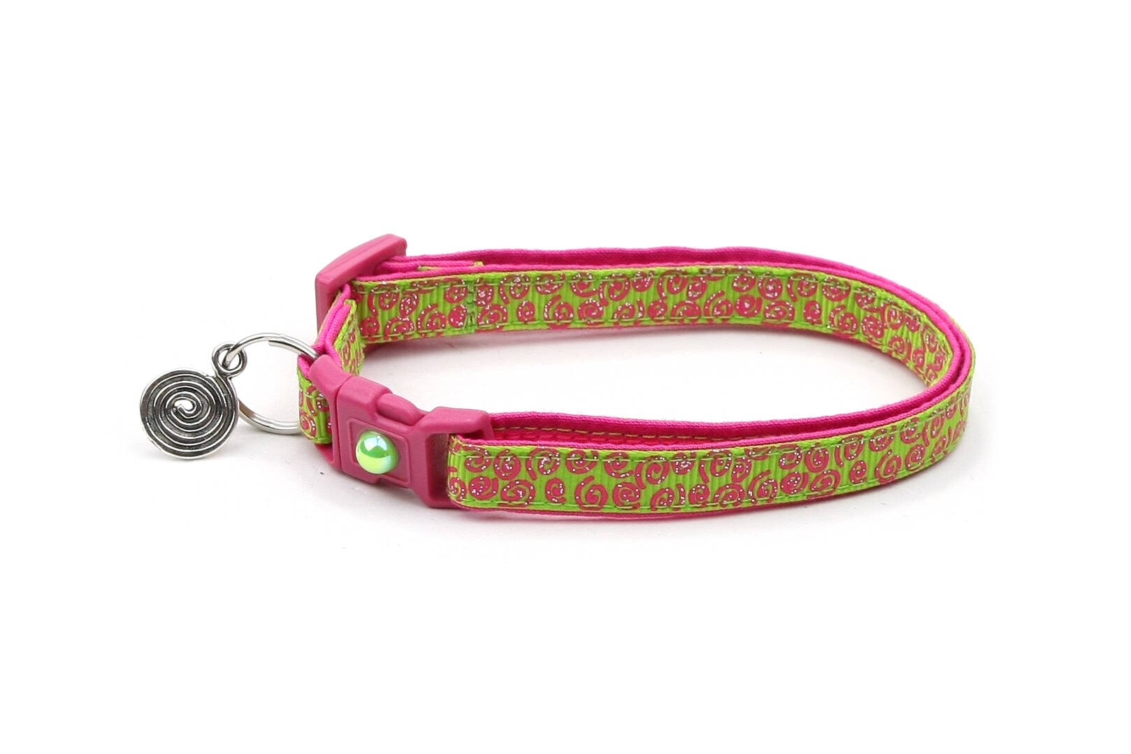 Bright Green & Pink Decorative Cat Collar with Safety Breakaway and Optional Bell