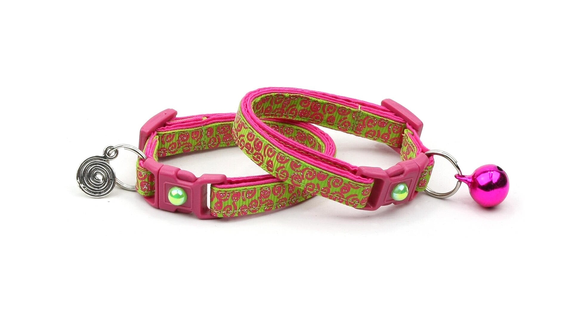 Bright Green & Pink Decorative Cat Collar with Safety Breakaway and Optional Bell