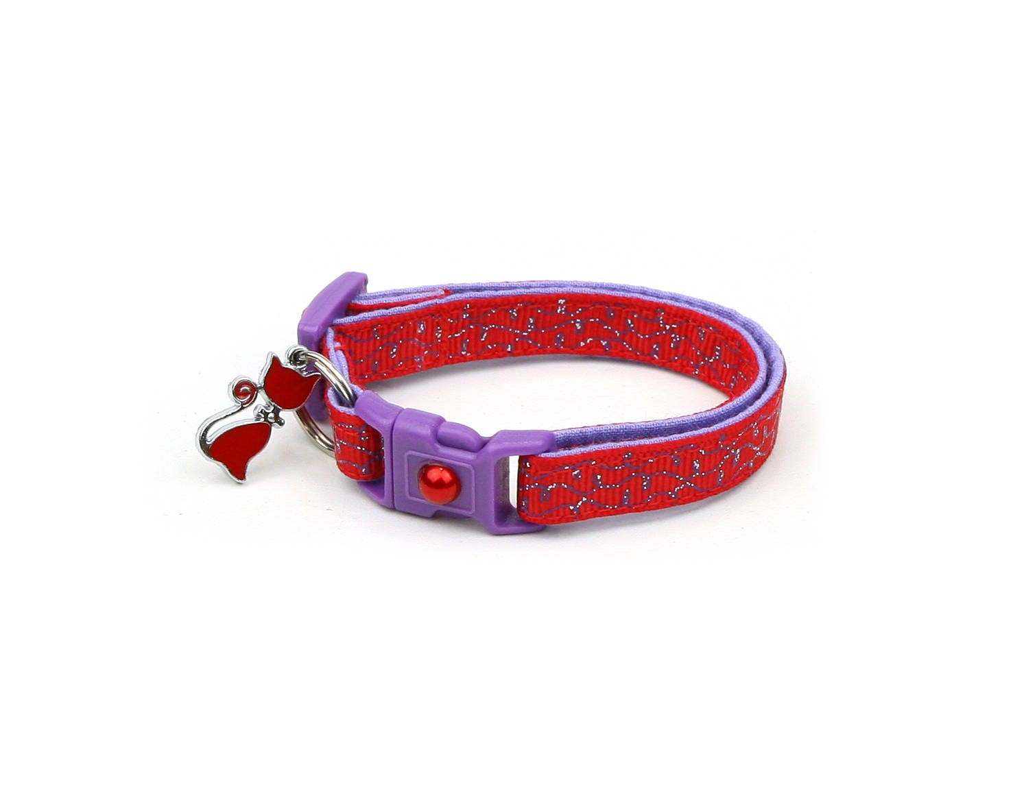 Handmade Red Cat Collar with Purple Squiggles and Safety Breakaway Clip - Adjustable, Durable & Machine Washable for Kittens and Adult Cats