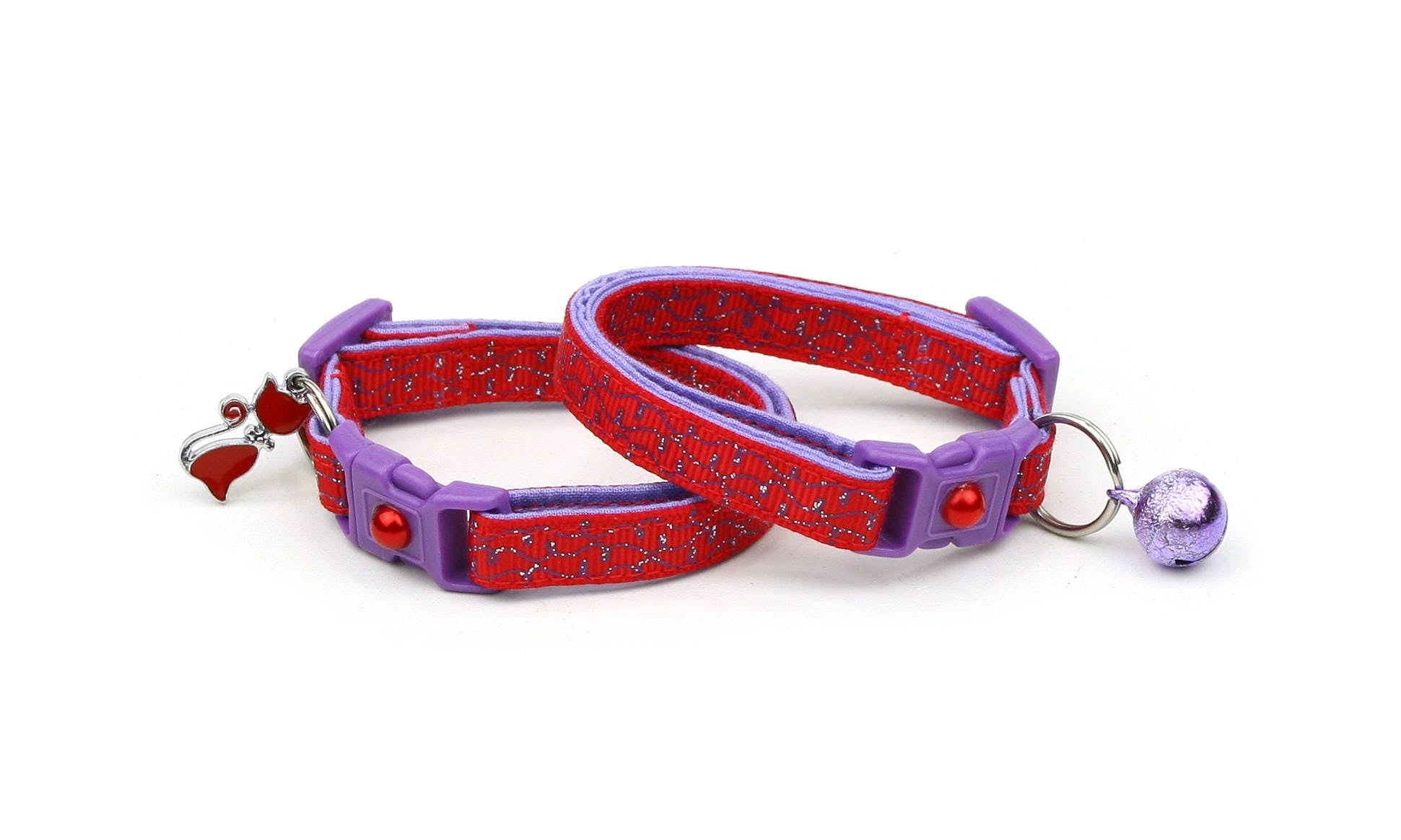Handmade Red Cat Collar with Purple Squiggles and Safety Breakaway Clip - Adjustable, Durable & Machine Washable for Kittens and Adult Cats