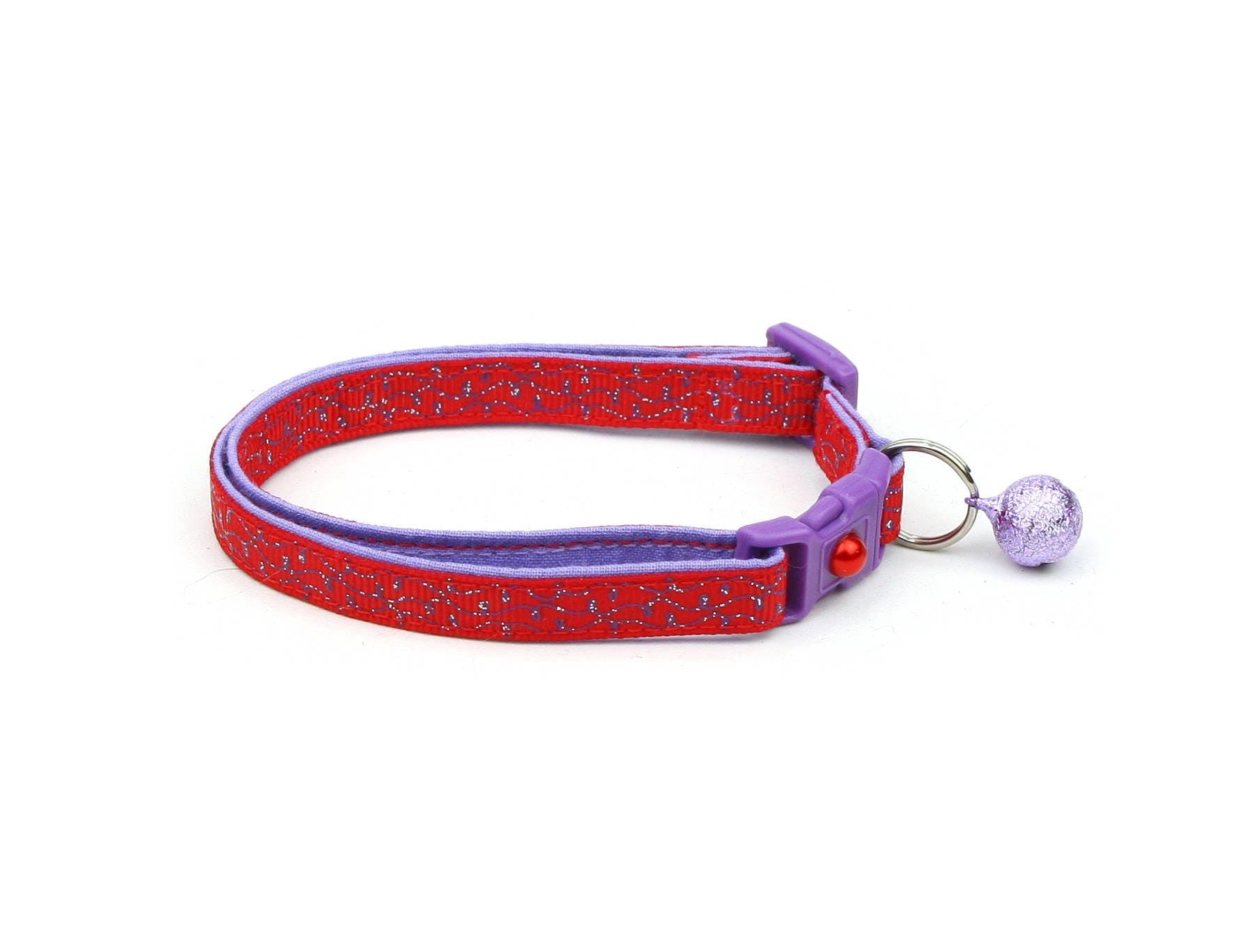 Handmade Red Cat Collar with Purple Squiggles and Safety Breakaway Clip - Adjustable, Durable & Machine Washable for Kittens and Adult Cats
