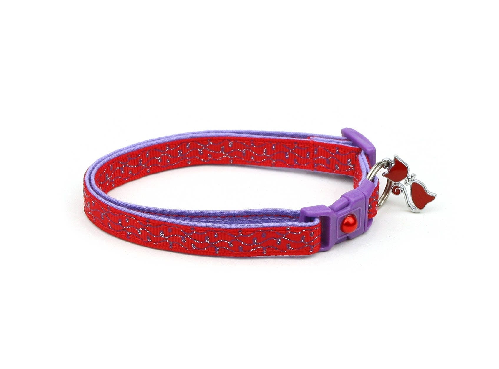 Handmade Red Cat Collar with Purple Squiggles and Safety Breakaway Clip - Adjustable, Durable & Machine Washable for Kittens and Adult Cats