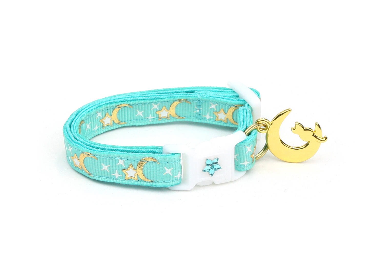 Glow-in-the-Dark Star & Moon Galaxy Aqua Cat Collar with Bell - Safe Breakaway Design