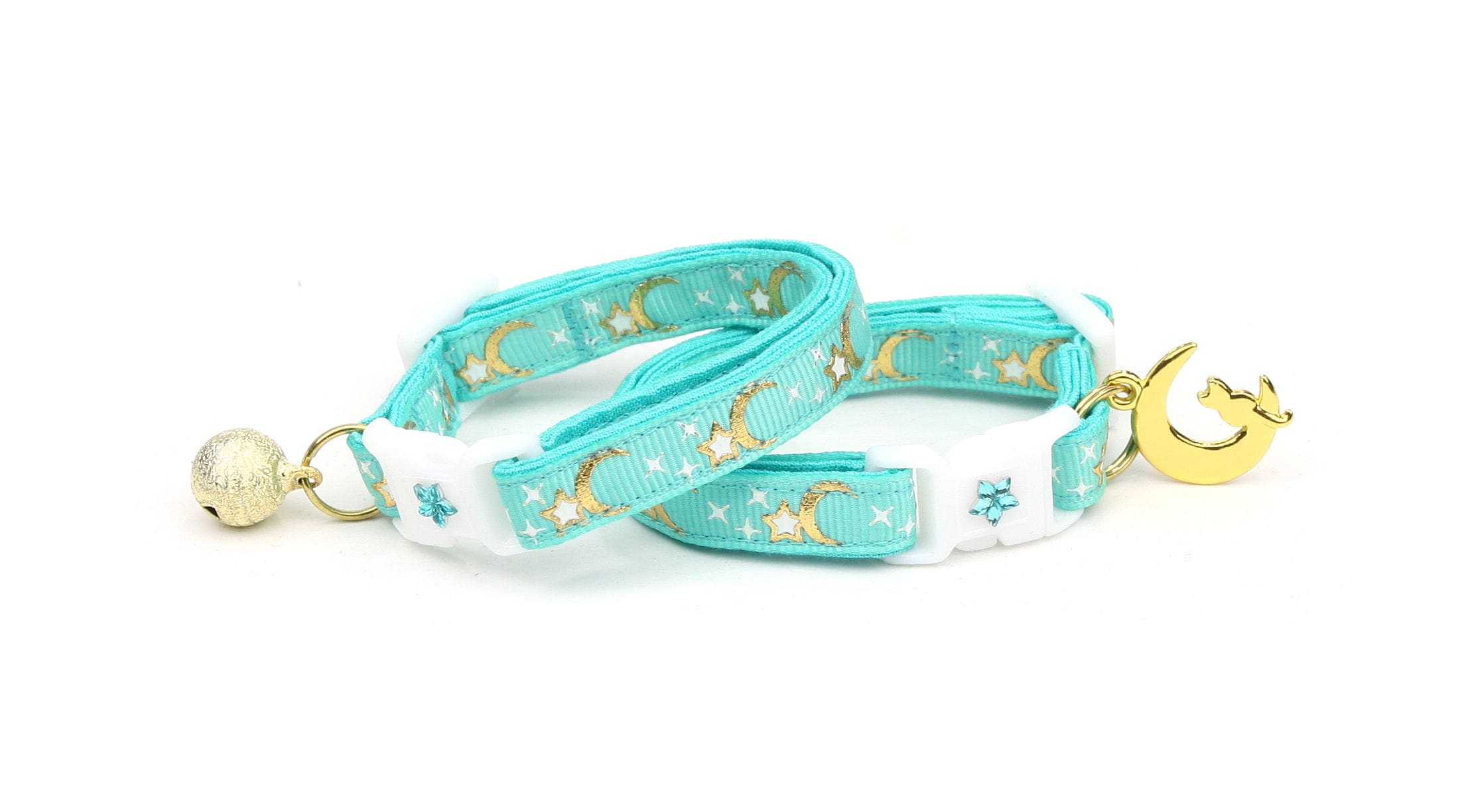 Glow-in-the-Dark Star & Moon Galaxy Aqua Cat Collar with Bell - Safe Breakaway Design